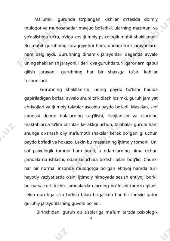 jarayonlarni eksperimental ravishda o‘rgangan psixolog kurt levin bo‘lib, uning fikriga ko‘ra, guruh o‘z amaliyoti davomida qator o‘zgarishlar va rivojlanish bosqichlarini boshdan kechiradi. bu o‘zgarishlarni yuzaga keltiruvchi omillar esa guruh ichidagi turli jarayonlar va ularning mutanosib tarzdagi o‘zaro munosabatidir. guruhiy dinamika guruh ichida yashayotgan kuchlarning o‘zaro ta’siri deb tushunilishi mumkin. har qanday guruhda ikki asosiy kuch mavjud: 1) shu guruh oldiga qo‘yilgan maqsad va 2) shu guruh a’zolarining ehtiyojlari. har qanday guruhiy dinamikaning asosida mana shu ikki omil o‘rtasidagi o‘zaro munosabat yotadi. guruhning maqsadi, mazkur guruh a’zolari ehtiyojiga mos kelmasligi ham mumkin. aynan shu holat guruhiy dinamikaniing manbai hisoblanadi. guruhiy dinamika faqat shu guruh ichidagi hodisalar bilan cheklanib qolmaydi. guruhiy dinamikaga ta’sir ko‘rsatuvchi tashqi – ijtimoiy, iqtisodiy omillarni ham sanab o‘tish joiz. aslida bu omillar guruhiy jarayonlarni, ya’ni muqarrar o‘zgarishlarni sekinlashtirishi yoki tezlashtirishi mumkin. bu omillarga qarshi tura olish ma’lum ma’noda guruh a’zolariga va tabiiyki, rahbarga boѓliq. guruhiy hodisa muqarrarligini anglash, …