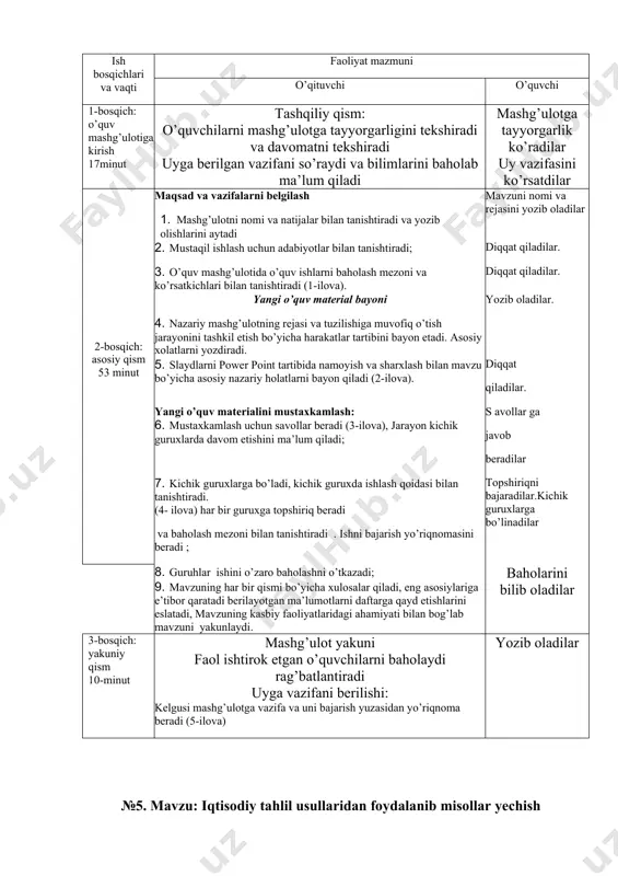 iqqat qiladilar. 1. o’quv mashg’ulotida o’quv ishlarni baholash mezoni va ko’rsatkichlari bilan tanishtiradi (1-ilova). diqqat qiladilar. yangi o’quv material bayoni 1. nazariy mashg’ulotning rejasi va tuzilishiga muvofiq o’tish jarayonini tashkil etish bo’yicha harakatlar tartibini bayon etadi. asosiy xolatlarni yozdiradi. yozib oladilar. 1. slaydlarni power point tartibida namoyish va sharxlash bilan mavzu bo’yicha asosiy nazariy holatlarni bayon qiladi (2-ilova). diqqat qiladilar. yangi o’quv materialini mustaxkamlash: 1. mustaxkamlash uchun savollar beradi (3-ilova), jarayon kichik guruxlarda davom etishini ma’lum qiladi; s avollar ga javob beradilar 1. kichik guruxlarga bo’ladi, kichik guruxda ishlash qoidasi bilan tanishtiradi. (4- ilova) har bir guruxga topshiriq beradi va baholash mezoni bilan tanishtiradi . ishni bajarish yo’riqnomasini beradi ; topshiriqni bajaradilar.kichik guruxlarga bo’linadilar 1. guruhlar ishini o’zaro baholashni o’tkazadi; baholarini bilib oladilar 1. mavzuning har bir qismi bo’yicha xulosalar qiladi, eng asosiylariga e’tibor qaratadi berilayotgan ma’lumotlarni daftarga qayd etishlarini eslatadi, mavzuning kasbiy faoliyatlaridagi ahamiyati bilan bog’lab mavzuni yakunlaydi. 3-bosqich: …