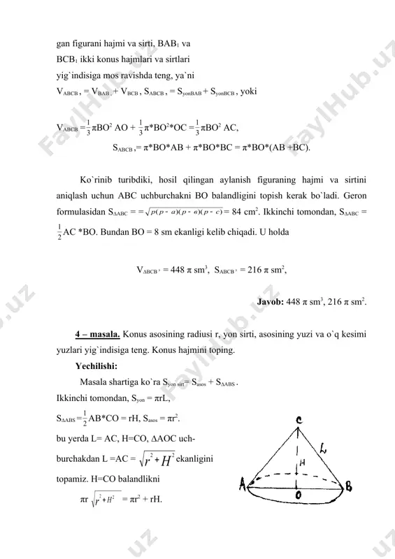 = = . konus asosining yuzi: sacoc= π *o1b2 = 24π. demak konusni hajmi: v = π*o1b2 π*co1 = 32π. javob: 32π. 11 – masala. sharning radiusi ga teng. radiusning oxiridan u bilan 600 li burchak tashkil etadigan kesuvchi tekislik o`tkazilgan. kesimning yuzini toping. yechilishi: masala shartiga ko`ra ob =oa = , <oba =600. bundan ∆abo ni teng tomonli uchburchak ekanligini aytish mumkin. o1a = = . demak, skesim= =16. javob: 16 12 - masala. ko`rsatilgan uchburchakning to`g`ri chiziq atrofida aylanishidan hosil bo`lgan jismning hajmini toping. yechilishi: masala shartida keltirilgan aylanish figurasining hajmi abb1a1 silindr hajmidan bsb1 konus hajmi- ni ayirmasiga teng. ya`ni vf = vs – vk. vs =π*ac2*oc = 36π, vk = πob2*oc = 12π demak, vf = 24 π javob: 24 π. 13 – masala. konusning balandligi 3, unga tashqi chizilgan sharning radisi 2 bo`lsa, konus sirtining shar sirtiga nisbatini toping. yechilishi: masala shartiga e`tibor bersak, bo=2, …
