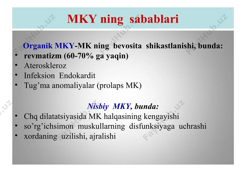 ik palpatsiya perkussiya auskultatsiya yurakda og’riq,nafas qisishi to’shakda majburiy xolat, facies mitralis,kaxeksiya, tananing pastki qismlarida shish, astit puls kam to’lgan,keskin,puls defitsiti. choqqi turtkisi, aritmiya, “mushuk xirillashi", dekompensatsiyada- shishlar,jigar kattalashishi, astit o’ng qorincha hisobiga yurak o’ng o’lchami kattalashishi, chap bo’lmacha hisobiga yuqoriga va chapga, mitral konfiguratsiya cho’qqida:i ton kuchayishi – qarsillovchi, diastolik shovqin(ba’zan presistolik,mitrak klapan ochilgandagi tovush bo’lishi), ( “bedana“ritmi), mertsal aritmiya. tomirlarda: o’pka arteriyasida ii ton aksenti mitral klapan yetishmovchiligi shikoyat ko’rik palpatsiya perkussiya auskultatsiya doimiy bo’lmagan shikoyatlar, dekompensatsiyada nafas qisishi ko’rinarli belgilarsiz,ba’zan akrotsianoz, lin.mediaklavikularisdan tashqarida kuchaygan cho’qqi turtkisi puls to’liq,keskin. cho’qqi turtkisi kuchaygan,ko’pincha chapga siljigan,ba’zan pastga chq va chb gipertrofiyasi, yurak beli tekislangan - mitral konfiguratsiya cho’qqi: i ton susayishi, sistolik shovqin, tomirlarda:o’pka arteriyasida ii ton ikkilanishi, aorta qopqog’i stenozi shikoyatlar ko’rik palpatsiya perkussiya auskultatsiya xolsizlik teri qoplamlari rangparligi, cho’qqi turtkisi lin. mediaklav dan tashqarida puls noto’liq,keskin,sekin. cho’qqi turtkisi kuchaygan,yurak asosida sistolik titrash yurak chegarasi chapga va pastga siljigan …