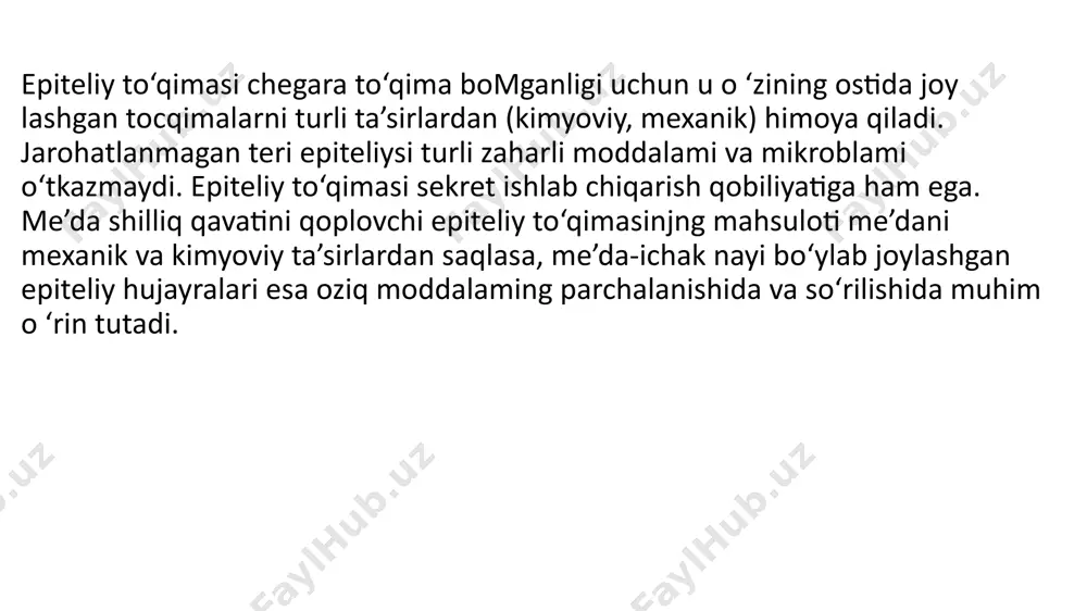 toneal) suyuqligida muallaq holatda uchraidi. ajralib tushgan hujayralar o’mini qo‘shni hujayralar surilib to‘ldiradi. ularning atrofida esa boshqa hujayralaming bomishini ko‘rish mumkin. mezoteliyning shikastlangandan keyingi qayta tiklanishi turli xil umurtqalilarda turlicha bomadi. masalan, sut emizuvchi hayvonlarda mezoteliyning shikastlanishi seroz pardalami yallig‘lanishga olib keladi. bu paytda hujayralar shishib, ular orasidagi bog‘lanish bo‘shashadi va hujayralar degenerativ o‘zgarishlarga uchrab ajralib tushadi. shikastlangan joyning yonida hujayralarning mitoz bo‘linishi ko4rinadi va pirovardida ko4p yadroli hujayralar paydo bo‘iadi. hujayralarning shikastlangan joyga sekin-asta surilishi natijasida ajralib tushgan hujay- ralar o‘mi to’lib boradi. patologik holatlarda esa ajralib tushgan hujay- ralar o ‘mida teshikchalar hosil bomadi va ular stomatalar deb ataladi. bir qavatli kubsimon epiteliy. buyrak kanalchalarida, bezlarning chiqaruv naylarida, kichik bronxlarda uchraydi. terminal bronxiolani qoplagan kubsimon hujayralarning apikal qismida kiprikchalar kolrinadi. buyrak kanalchalarining devorida joylashgan hujayralarning apikal qismida esa jiyak bo‘lib, u barmoqsimon o‘simtalardan — mikrovorsinkalardan tuzilgan, ular so‘rilish yuzasini kengaytiradi. bir qavatli silindrsimon yoki prizmatik epiteliy asosan hazm …