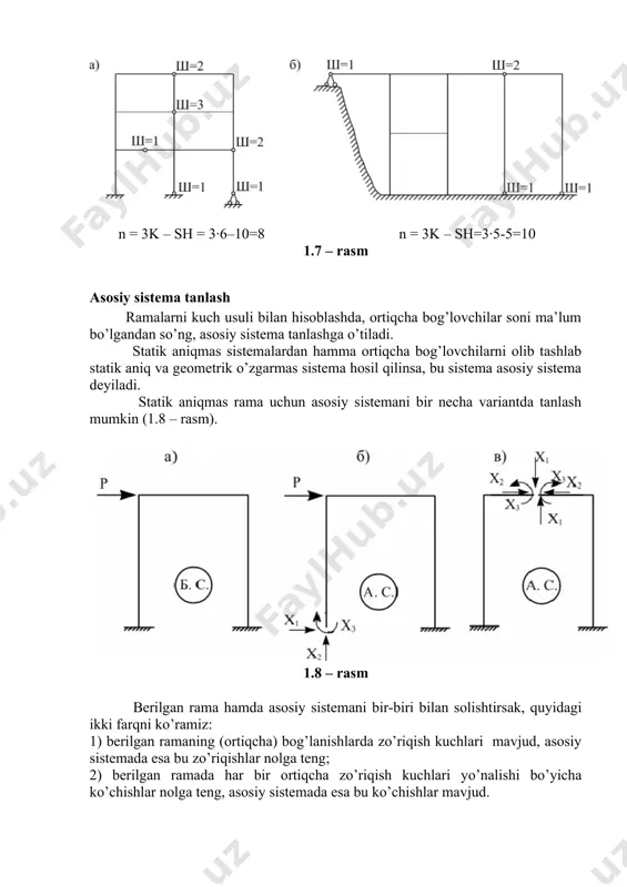 idan aloxida topilgan ko’chishlarining yig’indisiga teng. u xolda (1.4) tenglamalarini quyidagicha yozish mumkin: (1.5) bunda birinchi indeks ko’chishning yo’nalishi, ikkinchi indeks esa ko’chishni hosil qiluvchi sabablarini ifodalaydi. bu tenglamalardagi x1, x2 va x3 zo’riqishlardan asosiy sistemada vujudga kelgan ko’chishlarni tegishli birlik ko’chishlar orqali ifodalaymiz: (1.6) (1.6) ifodaga asosan deformatsiya tenglamalari (1.5) ni quyidagi ko’rinishda yozamiz: (1.7) bu tenglamalar kuch usulining kanonik tenglamalari deyiladi. birlik ko’chishlar va lar mor formulasi yoki vereshchagin qoidasini tadbiq etib aniqlanadi, ya’ni: (1.8) ozod hadlar: ∆ip = i = 1,…n. (1.9) birlik ko’chishlar va ozod hadlar aniqlagandan so’ng, ularni tekshiriladi va (1.7) tenglamalaridan x1, x2 va x3 noma’lum zo’riqishlar hisoblanadi. tekshirish hisoblarini navbatdagi darsimizda ko’ramiz. uyda bajarish uchun misollar _1647630749.unknown _1647630752.unknown _1647630754.unknown _1647630755.unknown _1647630756.unknown _1647630753.unknown _1647630751.unknown _1647630747.unknown _1647630748.unknown _1647630746.unknown 0 , 0 , 0 ) , , , ( 3 ) , , , ( 2 ) , , , ( 1 3 2 1 3 …