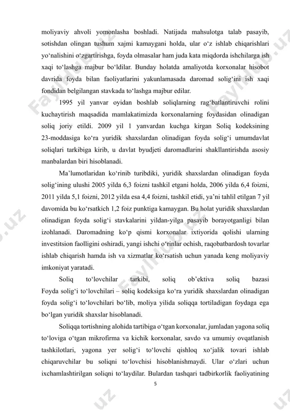 soliq kodeksiga ko‘ra yuridik shaxslardan olinadigan foyda solig‘i to‘lovchilari bo‘lib, moliya yilida soliqqa tortiladigan foydaga ega bo‘lgan yuridik shaxslar hisoblanadi. soliqqa tortishning alohida tartibiga o‘tgan korxonalar, jumladan yagona soliq to‘loviga o‘tgan mikrofirma va kichik korxonalar, savdo va umumiy ovqatlanish tashkilotlari, yagona yer solig‘i to‘lovchi qishloq xo‘jalik tovari ishlab chiqaruvchilar bu soliqni to‘lovchisi hisoblanishmaydi. ular o‘zlari uchun ixchamlashtirilgan soliqni to‘laydilar. bulardan tashqari tadbirkorlik faoliyatining faqat alohida turlariga qat’iy stavkada soliq to‘lovchilar ham bu soliqni to‘lovchilari hisoblanmaydi. yuridik shaxslar foyda solig‘i bo‘yicha byudjet bilan hisob-kitoblarni mustaqil ravishda amalga oshiradilar. ayrim iqtisodiyot tarmoq korxonalari byudjet bilan hisob-kitoblarni o‘zbekiston respublikasi vazirlar mahkamasining qaroriga binoan markazlashtirilgan tartibda amalga oshirishlari mumkin (misol uchun, energetika, neftegaz-xolding kabi tarmoq korxonalarida). soliqqa tortish maqsadida foydaga soliq to‘lovchilarni rezidentlar va norezidentlarga ajratiladi. o‘zbekiston respublikasining rezidenti deb, o‘zbekistonda ta’sis etilgan yoki ro‘yxatdan o‘tgan hamda bosh korxonasi o‘zbekistonda joylashib, o‘zbekiston respublikasidan tashqarida ro‘yxatdan o‘tgan yuridik shaxslar hisoblanadi. o‘zbekiston respublikasi rezidenti bo‘lgan yuridik …