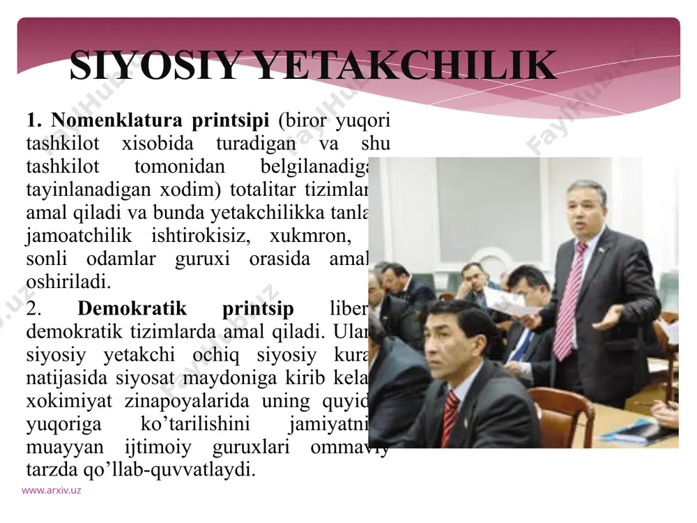 ak psixologik va ijtimoiy sifatlarga ega bo’lgan ko’pgina kishilar intiladilar. lekin xech kim o’z mavqei va lavozimini ko’ngilli ravishda bo’shatib bermaydi, shuning uchun elitalar orasida ochiq va yashirin xolda xukmronlik uchun kurash borishi tabiiydir. siyosiy elita o’zgarishi www.arxiv.uz o. beynis siyosiy yetakchilarni quyidagi muhim nazariyalari mavjudligini isbotlaydi. www.arxiv.uz amerikalik olim o. beynis siyosiy yetakchilarni quyidagi muhim sifatlarini ajratadi. www.arxiv.uz e’tiborni boshqarish. ahamiyatlilikni boshqarish. ishonchni boshqarish. o’zini boshqara olish. www.arxiv.uz vaziyatlar nazariyasi afzalligi kamchiligi shaxsiy sifatlarni mutloqlashtirmaydi. shart sharoitga e’tibor qaratadi yetakchi faolligini, vaziyatni o’z vaqtida baholash va o’zgartitish qobiliyatini. o’tkir muammolar echimini topa olish qobilyatini xisobga olmaydi www.arxiv.uz vaziyatlar nazariyasi afzalligi kamchiligi shaxsiy sifatlarni mutloqlashtirmaydi. shart sharoitga e’tibor qaratadi yetakchi faolligini, vaziyatni o’z vaqtida baholash va o’zgartitish qobiliyatini. o’tkir muammolar echimini topa olish qobilyatini xisobga olmaydi www.arxiv.uz belgilar nazariyasi afzalligi kamchiligi siyosiy sohada kutash albatta muayyan sifatlarni talab etadi. hislatlarning universal emasligi. vaziyatga bog’liqligi hisobga olinmaydi www.arxiv.uz o’zbekistonda siyosiy kadrlarni …