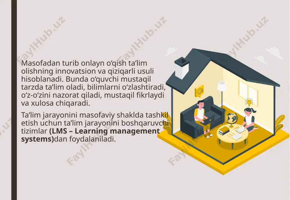 nistrator (yoki kursni tashkil etuvchi o‘qituvchi) boshqarib boradi. u o‘quvchilar uchun kurs, topshiriq va testlarni belgilab beradi hamda uy vazifalari bajarilishini nazorat qilib boradi. system system – elektron tizim. lms o‘qituvchining o‘rniga har bir o‘quvchi berilgan topshiriq yoki testni qancha vaqtda va qanday topshirganini tekshirib, qayd etib boradi. hisobotlar orqali o‘quvchilarning o‘zlashtirish darajasini kuzatib borishi ham mumkin. lmsning afzalliklari: foydalanishning erkinligi – o‘quvchi tizimdan deyarli hamma joyda foydalanishi mumkin. yoshi katta ta’lim oluvchilar esa asosiy ish joyidan ajralmagan holda ta’lim olishlari mumkin. lmsning afzalliklari: o‘qish xarajatlarini kamaytirish – metodik adabiyotlar sotib olish uchun mablag‘ talab qilinmaydi. lmsning afzalliklari: moslashuvchanligi – o‘quv jarayoni o‘qituvchi va o‘quvchi imkoniyat va talablaridan kelib chiqqan holda tashkil etilishi mumkin. lmsning afzalliklari: zamon bilan hamnafasligi – elektron kurs foydalanuvchilari, xususan, o‘qituvchi va o‘quvchilar o‘z bilim va ko‘nikmalarini eng yangi zamonaviy texnologiya va standartlarga muvofiq rivojlantirib boradilar. bunda elektron o‘quv kurslar materiallarini tezkorlik bilan o‘z vaqtida yangilab …