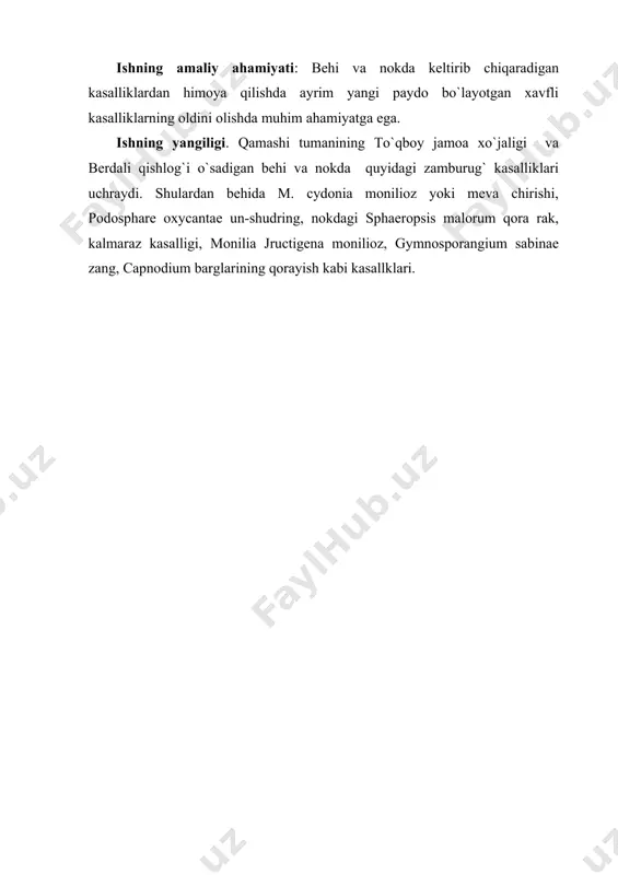 hunday o`simliklarning mevalari yaxshiroq saqlanadi, uzoq joylarga jo`natishda buzulmay yetib boradi, ho`lligida va qayta ishlangan holida har-xil xo`jalik maqsadlari uchun sarflanadi. o`rta osiyo, ayniqsa tojikiston yovvoyi o`simliklar ekib ko`paytiriladigan manbaa hisoblanadi. yer yuzidagi barcha mamlakatlarga nisbatan o`rtacha kenglikda o`sadigan yovvoyi meva o`simliklariga eng boy mamlakatlardan xisoblangan. kavkaz, o`rta osiyo va uzoq shark meva o`simliklarining juda ko`p tur xillari ustiriladigan asosiy viloyatlardir. o`rta osiyоda yovvoyi meva o`simliklarining ko`pchiligi tog`li tumanlarda, o`rmonlarda va dare buylaridagi suv toshadigan yerlarda o`sadi. meva va ryozavor meva o`simliklarining ko`pchiligi bizning eramizdan ko`p yillar burun vujudga kelgan. bu o`simliklar ko`p yillar mobaynida tanlanib, har xil tashqi muhit sharoitiga moslashganligi va ularga dehqon ham ta`sir qilganligi sababli, hozir ularning botaniq belgilariga, biologik xususiyatlariga, tuproq, yorug`lik, nam va issiqlikka bo`lgan talablariga, hosildorligiga, mevalarning sifatiga, qanday maqsadlar uchun ishlatilishiga qarab bir-biridan farq qiladi. mevali daraxtlarning o`ziga xos yana bir xususiyati shundan iboratki, deyarli hamma madaniy mevali daraxtlar ko`rtak va iskana …