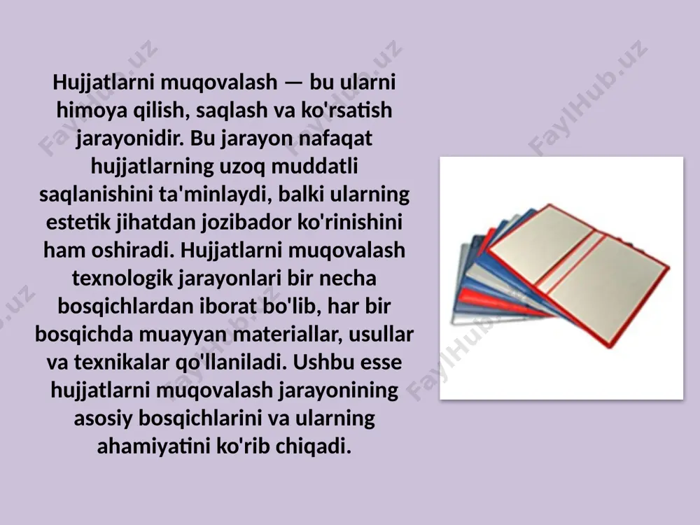lsa, uni ta'mirlash uchun zarur choralarni ko'rish zarur. yangilanishlar esa eski muqovalarni yangilab qo'yishni talab qiladi, bu esa hujjatlarning dolzarbligini ta'minlaydi. 13 ortiqcha qolganlarni oshkor qiling bu jarayonda yopishtiruvchi moddalar (masalan, yopishtiruvchi lenta yoki maxsus yopishtiruvchi) ishlatilishi mumkin. oxirgi bosqichda hujjatni himoya qilish uchun muqovani qoplash (laminatsiya) amalga oshiriladi, bu esa hujjatni namlik va ifloslanishdan himoya qiladi. 1-qoplama materiali; 2-karton tomoni; 3-ajralish; 4 - iste'foga chiqdi. bo'shliq va masofani hisoblash bo'shliq = sho. + 2p (p-bo'shliq) p = a + 2tk., bu erda a doimiy son; a = 5 mm (to'g'ri umurtqa pog'onasi bilan); a = 4 mm (yumaloq va qo'ziqorin shaklidagi tikanlar uchun) 1-karton tomoni; 2 - orqada qolgan; 3-bo'sh joy; 4- ajratish; 5-qoplama materiali. muqovalash jarayoni o'z ichiga bir necha muhim qadamlarni oladi. birinchi navbatda, muqova materialini kerakli o'lchamlarda kesish zarur. bu jarayon aniq va to'g'ri bajarilishi kerak, chunki noto'g'ri kesilgan muqova hujjatni himoya qilmasligi mumkin. keyin, muqova …