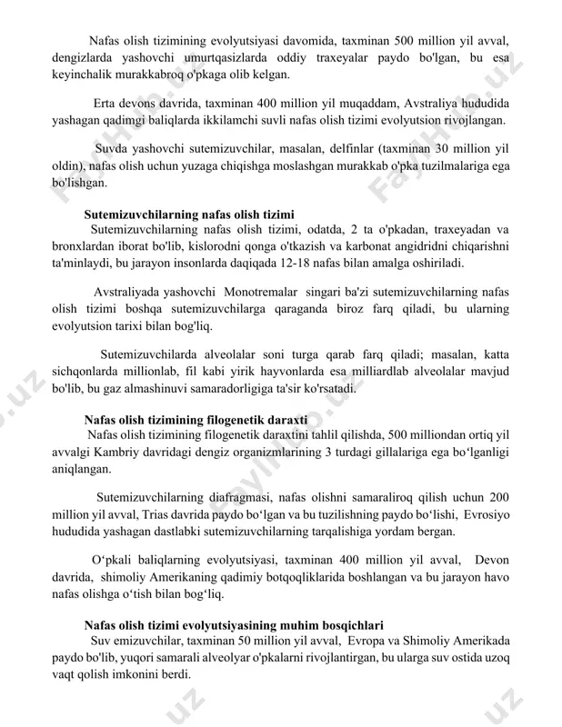 axminan 500 million yil avval, dengizlarda yashovchi umurtqasizlarda oddiy traxeyalar paydo bo'lgan, bu esa keyinchalik murakkabroq o'pkaga olib kelgan. erta devons davrida, taxminan 400 million yil muqaddam, avstraliya hududida yashagan qadimgi baliqlarda ikkilamchi suvli nafas olish tizimi evolyutsion rivojlangan. suvda yashovchi sutemizuvchilar, masalan, delfinlar (taxminan 30 million yil oldin), nafas olish uchun yuzaga chiqishga moslashgan murakkab o'pka tuzilmalariga ega bo'lishgan. sutemizuvchilarning nafas olish tizimi sutemizuvchilarning nafas olish tizimi, odatda, 2 ta o'pkadan, traxeyadan va bronxlardan iborat bo'lib, kislorodni qonga o'tkazish va karbonat angidridni chiqarishni ta'minlaydi, bu jarayon insonlarda daqiqada 12-18 nafas bilan amalga oshiriladi. avstraliyada yashovchi monotremalar singari ba'zi sutemizuvchilarning nafas olish tizimi boshqa sutemizuvchilarga qaraganda biroz farq qiladi, bu ularning evolyutsion tarixi bilan bog'liq. sutemizuvchilarda alveolalar soni turga qarab farq qiladi; masalan, katta sichqonlarda millionlab, fil kabi yirik hayvonlarda esa milliardlab alveolalar mavjud bo'lib, bu gaz almashinuvi samaradorligiga ta'sir ko'rsatadi. nafas olish tizimining filogenetik daraxti nafas olish tizimining filogenetik …