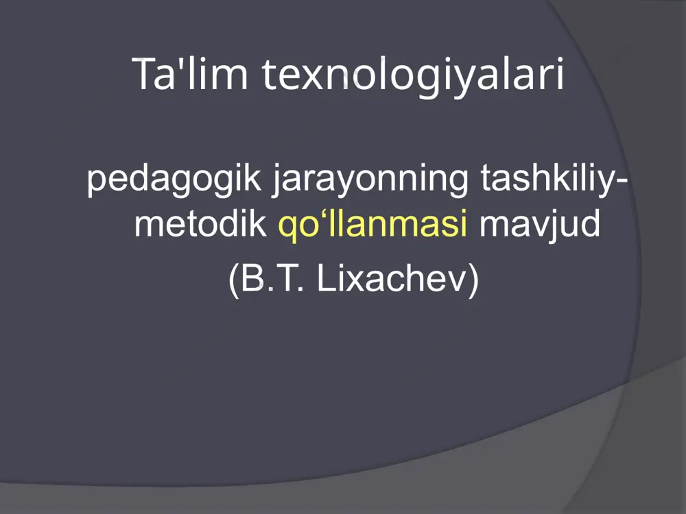 i rahbarlik qiling; - boshqarish emas , balki birgalikda boshqarish; - majburlamang , balki ishontiring; - buyruq berish emas , balki tartibga solish; - cheklamang , balki tanlash erkinligini ta'minlang. texnologiyani tanlashga qo'yiladigan talablar: ilmiy kontseptsiyaning maktab haqiqati va imkoniyatlariga muvofiqligi pedagogik jarayon bilan texnologiyaning yetarli darajada izchilligi va tizimli muvofiqligi boshqarish qobiliyati samaradorlik belgisi qayta ishlab chiqarish ma'lumotlari zamonaviy o'qituvchining o'quv jarayoniga munosabatini shakllantirish qanchalik yaxshi o'qituvchilar bo'lsa, shuncha yaxshi usullar mavjud. d.poya /docprops/thumbnail.jpeg