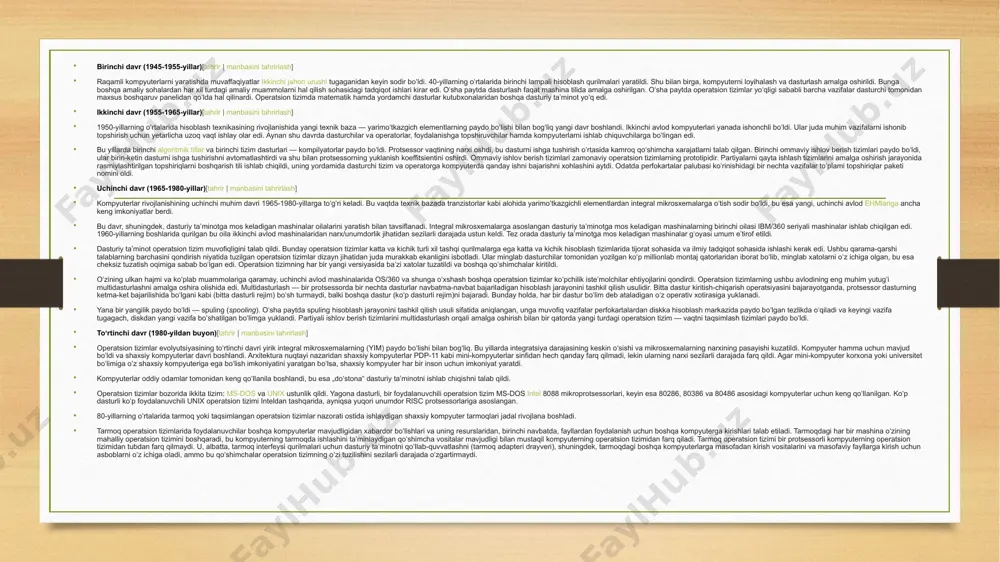 eratsion tizimlar koʻpchilik isteʼmolchilar ehtiyojlarini qondirdi. operatsion tizimlarning ushbu avlodining eng muhim yutugʻi multidasturlashni amalga oshira olishida edi. multidasturlash — bir protsessorda bir nechta dasturlar navbatma-navbat bajariladigan hisoblash jarayonini tashkil qilish usulidir. bitta dastur kiritish-chiqarish operatsiyasini bajarayotganda, protsessor dasturning ketma-ket bajarilishida boʻlgani kabi (bitta dasturli rejim) boʻsh turmaydi, balki boshqa dastur (koʻp dasturli rejim)ni bajaradi. bunday holda, har bir dastur boʻlim deb ataladigan oʻz operativ xotirasiga yuklanadi. yana bir yangilik paydo boʻldi — spuling (spooling). oʻsha paytda spuling hisoblash jarayonini tashkil qilish usuli sifatida aniqlangan, unga muvofiq vazifalar perfokartalardan diskka hisoblash markazida paydo boʻlgan tezlikda oʻqiladi va keyingi vazifa tugagach, diskdan yangi vazifa boʻshatilgan boʻlimga yuklandi. partiyali ishlov berish tizimlarini multidasturlash orqali amalga oshirish bilan bir qatorda yangi turdagi operatsion tizim — vaqtni taqsimlash tizimlari paydo boʻldi. toʻrtinchi davr (1980-yildan buyon)[tahrir | manbasini tahrirlash] operatsion tizimlar evolyutsiyasining toʻrtinchi davri yirik integral mikrosxemalarning (yim) paydo boʻlishi bilan bogʻliq. bu yillarda integratsiya …