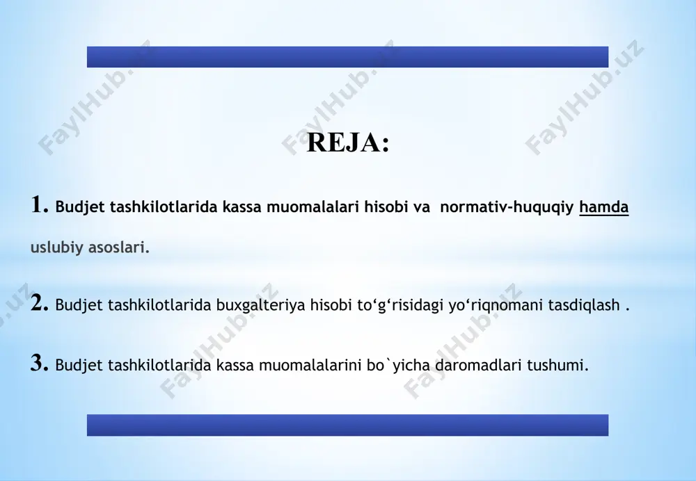 a me`yoriy-huquqiy xujjatlarni ishlab chiqishda asos hisoblanadi. budjet tashkilotlarida kassa muomalalari hisobini tashkil qilish va yuritish ushbu qonun talablari asosida amalga oshirilishi kerak. budjet tashkilotlarida shaxsiy hisobvaraqalarni ochish, yuritish, yopish tartibi “o`zbekiston respublikasining budjet kodeksi”ga asosan amalga oshiriladi. 4 budjet tashkilotlarida buxgalteriya hisobi to‘g‘risidagi yo‘riqnomani tasdiqlash haqida budjet tashkilotlarida buxgalteriya hisobi to‘g‘risidagi yo‘riqnomani tasdiqlash haqida”gi (o’z.r av. tomonidan 2010 yil 22 dekabrda № 2169-son bilan ro’yxatdan o’tgan) o`zbekiston respublikasi moliya vazirining buyrug`i hamda vazirlar mahkamasining 1999 yil 3 sentyabrdagi "budjet tashkilotlarini moliyalash tartibini takomillashtirish to`g`risida"gi 414-son qaroriga muvofiq ishlab chiqilgan va budjet tashkilotlari tomonidan tovarlar (ishlar, xizmatlar) ishlab chiqarilishi hamda sotilishini tartibga soladi. pulli asosda ishlab chiqarilishi va sotilishi mumkin bo`lgan tovarlar (ishlar, xizmatlar) ro`yxati, sotish rejimi va shartlarini budjet tashkilotlarining faoliyat yo`nalishiga bog’liq holda vakolatli tashkilot belgilaydi. pulli asosda tovarlar (ishlar, xizmatlar)ni ishlab chiqarish va sotishning daromadlar hamda xarajatlar smetasini budjet tashkilotlari rejalashtirilayotgan xizmatlar xajmi va ularni bajarish xarajatlari, …