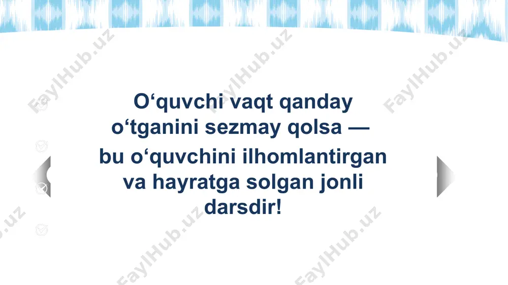 nishimiz mumkin, unga ko‘ra o‘quvchilarga mavzudagi tarixiy shaxsning biografiyasidan raqamlar yoziladi va ushbu raqamlarga ta’rif berilishi so‘raladi, bunda tarixiy shaxsning ismi aytilmaydi. № mavzuga doir siz bilgan ma’lumotlar bugungi mavzudan o‘zlashtirgan yangi ma’lumotlaringiz 1 2 3 ijtimoiy fanlar darslarida darsning asosiy mazmuni o‘qituvchi tomonidan ma’ruza shaklida tushuntirilishi maqsadga muvofiq. buning sababi shundaki, bu fanlarda ko‘p miqdordagi faktlar, tarixiy sanalar, hodisalar va ularning o‘zaro bog‘liqliklarini o‘quvchilarga tizimli tarzda yetkazish zarur. ma’ruza shakli bu ma’lumotlarni aniq, qisqa va izchil tarzda tushuntirish imkonini beradi. "divide and conquer" - bu o‘quvchilarni guruhlarga bo‘lib, o‘quv materialini ular orasida taqsimlashga asoslangan usul. har bir guruhda sardor mavzuni yana kichik bo‘laklarga ajratadi va a’zolarga topshiradi. har bir o‘quvchi o‘z bo‘lagini o‘rganadi va guruh oldida sharhlab beradi. bu metod mustaqil fikrlash, nutq ko‘nikmasi va jamoada ishlashni rivojlantiradi. “mayak” uslubida dars boshida o‘qituvchi doskaga mavzuga oid barcha muhim raqamlarni (sanalar, yillar, miqdorlar) jadval ko‘rinishida yozadi. dars davomida har bir …