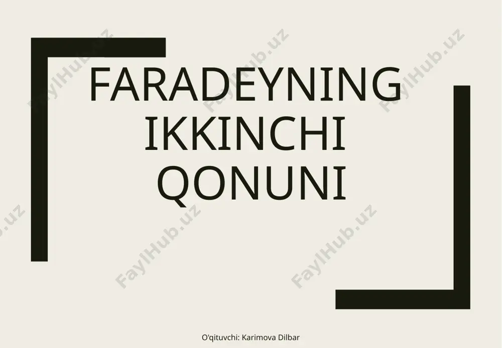 ifodasi to‘g‘ri yozilgan qatorni ko‘rsating. a) b) c) d) 4. moddaning kimyoviy ekvivalenti qanday formula yordamida ifodalanadi? b) c) d) 5. faradey soni birligini ko‘rsating. b) c) d) 6. faradeyning elektroliz uchun birlashgan qonuni formulasini ko‘rsating. a) b) c) d) o'qituvchi: karimova dilbar 7. moddalarning kimyoviy ekvivalenti ……………. to’g’ri …………… teskari proporsional. … atom massasi … … valentligiga … … valentligiga … … atom massasi… … faradey soniga … … valentligiga … … valentligiga … … faradey soniga … 8. moddaning kimyoviy ekvivalenti deb nimaga aytiladi? modda valentligini atom massasiga nisbatiga modda atom massasining valentligiga nisbati zaryad miqdorini vaqtga nisbati tok kuchini vaqtga ko’paytmasi o'qituvchi: karimova dilbar 1. buyumni nikellashda 3 soat davomida elektrolitdan 5 a tok o‘tib turganida nikel qatlamining qalinligi 0,1 mm bo‘lgan. nikel qoplangan yuza qanday bo‘lgan? nikel zichligi ga teng. berilgan: formula: yechish: o'qituvchi: karimova dilbar uyga vazifa: 43-§ ni o‘qib kelish. 23-mashqni 1- va 2-masalalarini …
