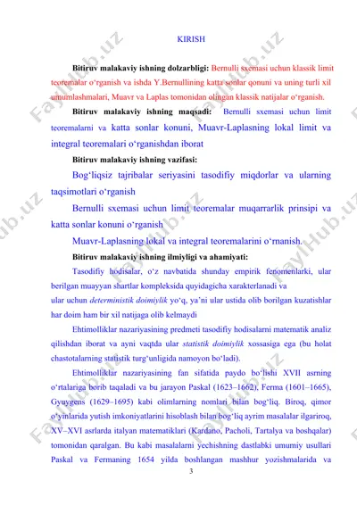 bernulli sxemasi uchun limit teoremalar muqarrarlik prinsipi va katta sonlar qonuni — DOCX