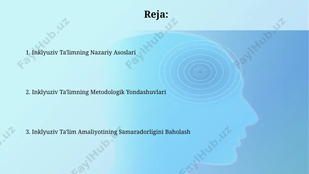 kamida 5 ta turdagi o'quv resurslari (audio, video, interaktiv o'yinlar, tekstlar va boshqalar) dan foydalanish, o'quv jarayonini 2 barobar samarali qiladi. inklyuziv ta'limning psixologik asoslari ijtimoiy-emotsional rivojlanishning 5 asosiy komponentini hisobga olgan holda, inklyuziv sinflar o'quvchilarning o'ziga ishonchini 15% ga oshiradi va hamkorlik qobiliyatlarini rivojlantiradi. inklyuziv ta'limning samaradorligi, 30 dan ortiq o'quvchilar bilan o'tkazilgan tadqiqotlarga ko'ra, individual yondashuv va differensiatsiya prinsiplariga asoslangan holda 25% ga oshganligini ko'rsatadi. inklyuziv ta'limda o'qituvchining roli inklyuziv sinfda o'qituvchi, hamkorlik va o'zaro hurmat muhitini yaratish orqali, kamida 5 ta turli ijtimoiy ko'nikmalarni rivojlantirishga yordam beradi. inklyuziv ta'limda o'qituvchi 10-15 nafar o'quvchining individual ehtiyojlarini aniqlash va ularga moslashtirilgan ta'lim strategiyalarini ishlab chiqishda muhim rol o'ynaydi. inklyuziv ta'limning kelajagi va istiqbollari inklyuziv pedagogika sohasida sun'iy intellekt va masofadan o'qitish texnologiyalarining integratsiyasi, 2025 yilga kelib, o'quv jarayonini 30% ga samaraliroq qilish imkoniyatini beradi. inklyuziv ta'limning kelajagi, 2030-yilga borib, kamida 90% maktablarning inklyuziv standartlarga moslashishi va barcha bolalar uchun …