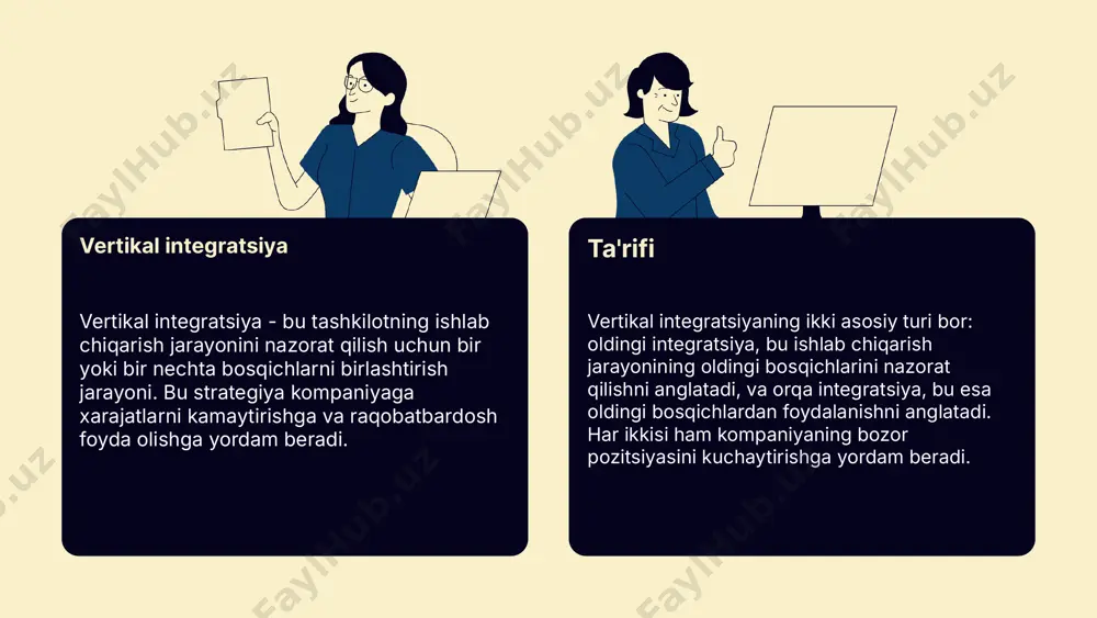 shtiradi va ko'proq diversifikatsiyaga yo'naltiriladi. boshqa strategiyalarga nisbatan, qaldirg'och integratsiyasi raqobatni kamaytirishga va innovatsiyalarni tezda joriy etishga yordam beradi. kelajakdagi tendensiyalar rivojlanish kelajakda vertikal integratsiya modeli yangi rivojlanishlarni ko'rsatadi. kompaniyalar o'z resurslarini yanada samarali boshqarish va raqobatbardoshligini oshirish uchun integratsiyani kuchaytiradi. bu, o'z navbatida, yangi biznes modellarini va xizmatlarni yaratishga olib keladi. innovatsiyalar innovatsiyalar va yangi texnologiyalar vertikal integratsiyaga ta'sir qiladi. sun'iy intellekt, ma'lumotlar tahlili va avtomatlashtirish jarayonlarni optimallashtirishga yordam beradi, bu esa ishlab chiqarish va ta'minot zanjirlarida samaradorlikni oshiradi. bozor o'zgarishlari bozor va iqtisodiy o'zgarishlar vertikal integratsiya strategiyalarini shakllantirishda muhim rol o'ynaydi. iqtisodiy o'sish, iste'molchilar talabining o'zgarishi va raqobat sharoitlari kompaniyalarni yangi strategiyalar ishlab chiqishga majbur qiladi. himoya strategiyalari va ularning roli himoya strategiyalarining ta'rifi va ahamiyati himoya strategiyalari - raqobatbardosh ustunlikni oshirish uchun qo'llaniladigan usullar. ular kompaniyaning o'zini qanday himoya qilishi va raqobatga qarshi qanday harakat qilishini belgilaydi. ushbu strategiyalar, bozorga kirish, raqobatchilarni nazorat qilish va resurslarni samarali …