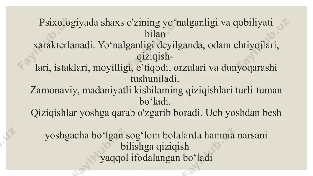 r iqtidor va ruhiy nuqsonlar orasida uzviy bog'liqlikni aniqlashga doim harakat qilishgan. bu bog'liqlikni o'rganish deyarli 100 yil oldin boshlangan. olimlar tarixiy shaxslarning hayoti bilan qiziqib, ularning psixologik anamnezi, oila a’zolari, qarindosh- urug‘lari, ota-onasi va farzandlari haqida ma’lumot yig'ishgan. namoyishkor shaxs. bu tipga mansub shaxslarning xulq-atvorida namoyishkorlik doiirto sezilib turadi, ular barcha xatti-harakatlarini namoyishkorona bajarishni xush ko‘rishadi. atrofdagilar buan tez va osonlikcha muloqotga kirishadi, ishchan hamda harakatchan bo‘lisha- di. hiylavanayranggausta, yolg'on gapirishga moyil, olifta, makkor, xayolparast, o‘z shaxsini bo‘rttirib ko‘rsatuvchi va shu bilan birga boshqa birovlami bir-biriga to‘qnashtirib janjalli vaziyatlami yuzaga keltiiishni xush ko‘rishadi. 8 e'tiboringiz uchun rahmat image2.jpeg image3.jpeg /docprops/thumbnail.jpeg