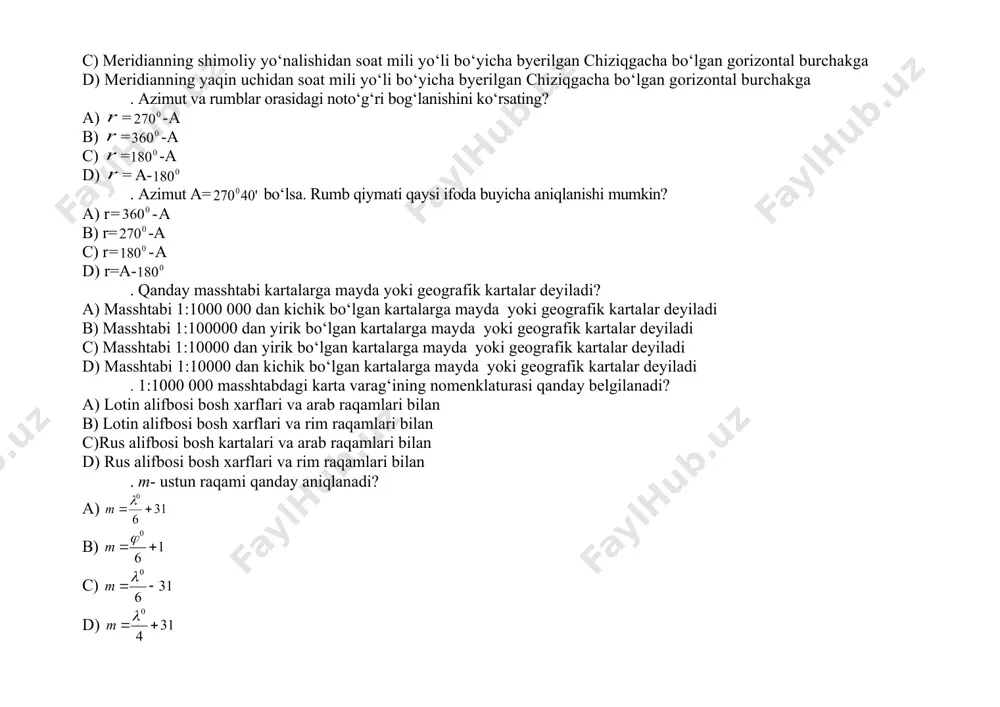 d) . quyida s’yomkalar to‘ri keltirilgan. ulardan qaysi biri gorizontal va vertikal burchak o’lchash s’yomkasiga kiradi? a) teodolit s’yomkasi b) menzula s’yomkasi c) taxeometrik s’yomkasi d) nivelirlash . geoid nima? a) tinch xolatdagi okean suv satxini matyeriklar ostidagi davom ettirilishidan xosil bulgan yer shakli. b) okean suvi satxining tinch xolatdagi sirti. c) tinch xolatdagi okean suvi satxiga mos keladigan yer satxi d) ellipsoid sirtiga mos keladigan shakl. . n- qator raqami qanday aniqlanadi? a) b) c) d) . f.krassovskiy hisobi bo‘yicha ep radiusi qanchaga teng? a) 6371,11 km b) 6348, 45 km c) 6335,67 km d) 6337,61 km . balandlik tarmoqlari nima orqali barpo etiladi? a) nivelir yo‘lini o‘tkazish orqali b) teodolit yo‘lini o‘tkazish orqali c) poligonometriya yo‘lini o‘tkazish orqali d) geometrik to‘rini yasash orqali . n-37 – 44-a- qanday masshtabli karta nomenklaturasi? a) 1:50 000 b) 1:500 000 c) 1:500 d) 1:5 000 . k-42 nomenkaturasi bilan qaysi masshtabdagi …