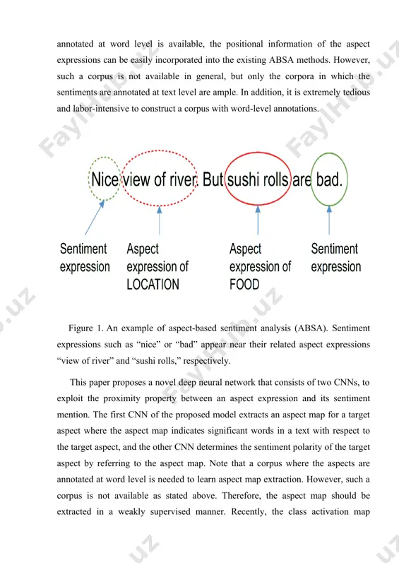 cts are annotated at word level is needed to learn aspect map extraction. however, such a corpus is not available as stated above. therefore, the aspect map should be extracted in a weakly supervised manner. recently, the class activation map (cam) has been proposed for weakly supervised object localization in the community of computer vision [24]. it localizes the objects of an image by linking the feature maps of cnn to relevant classes where the linking is implemented by global average pooling. thus, the network supported by cam can learn the localization of objects from the weakly labeled images, and is similar to the aspect map extraction from weakly labeled texts. the cnns for text analysis usually have a single convolutional layer with various kernel sizes unlike those for image analysis. thus, they can capture n-gram word patterns for various ns. as a result, multiple cams are generated according to …
