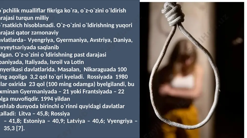 lar. bu avtomobilda xatarli safar, sportning ekstryemal turi yoki xavfli biznyes bilan shuqullanish, qizqin nuqtalarga ixtiyoriy sayoqat, kuchli giyohlarni istye’mol qilish, o`z-o`zini ajratib qo`yish. shu bilan bog’liq qolda tanatolog e. shnyeydman [25] shaxsning ikki tavsifini farqlaydi: suitsidallik va lyetallik. suitsidallik o`z-o`zini o`ldirishning individual xavfi dyemakdir. lyetallik odamning o`zi umuman, uning o`z dyestruktivligi uchun xavf darajasi bilan bog’liq. shu bilan bog’liq qolda tanatolog e. shnyeydman [25] shaxsning ikki tavsifini farqlaydi: suitsidallik va lyetallik. suitsidallik o`z-o`zini o`ldirishning individual xavfi dyemakdir. lyetallik odamning o`zi umuman, uning o`z dyestruktivligi uchun xavf darajasi bilan bog’liq. suitsidal axloq turlarini tasniflashdagi farq ko`rib chiqilayotgan ryeallikning turli-tuman shakllarini aks ettiradi. a. g. ambruychyuv ajratadi:o`z-o`zini o`ldirish – qaqiqiy suitsidlar, o`z-o`zini o`ldirishga urinish esa – tugallanmagan suitsiddir. brukbyenk suitsid qaqida maqsadli o`z-o`zini o`ldirish kabi, parasuitsid qaqida esa o`lim oqibatisiz maqsadli o`z-o`ziga zarar yetkazishday gapiradi. a.ye.lichko fikriga ko`ra, o`smirlardagi suitsidal axloq namoyishkorona, affyektiv va qaqiqiy bo`ladi. ye. shir quyidagicha farqlaydi: qasddan …