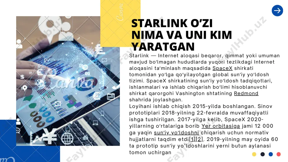 com/article/spacex-starlink-internet-prepares-for-beta-users/ spacex kompaniya haqida spacex kompaniyasining bosh direktori va asoschisi ilon mask ta’kidlaganidek, “oz” darajada qamrovni ta’minlash uchun 400 ta, “o‘rtamiyona” daraja uchun kamida 800 ta starlink sputnik talab etiladi. tizimni to‘laqonli ishga tushirilishi uchun 12 mingta sputniklarni orbitaga chiqarish kerak, ammo bu ham qat’iyan tasdiqlangan raqam emas. joriy yil may oyida spacex 30 mingga yaqin starlink sputniklarni ishga tushurish uchun aqsh federal aloqa komissiyasiga (fcc) murojaat qildi. https://3dnews.ru/1013466/sputnikoviy-internet-ilona-maska-gotovitsya-k-betatestirovaniyu so’ngi yangiliklar spacex hozirda eron ustida 100 ga yaqin faol starlink sun’iy yo‘ldoshlariga ega. ular mamlakatni internet bilan ta’minlamoqda. bu haqda spacex bosh direktori ilon mask ijtimoiy tarmoqda ma’lum qildi. avvalroq mask erondagi namoyishchilar o‘rtasida aloqani ta’minlash uchun starlink sun’iy yo‘ldoshlarini joylashtirishini aytgan edi. starlink — global sun’iy yo‘ldosh tizimi bo‘lib, ishonchsiz, qimmat yoki umuman aloqa yo‘q joylarda yuqori tezlikdagi keng polosali internetni taklif etish uchun spacex kompaniyasi tomonidan tashkil qilingan. https://twitter.com/elonmusk/status/1607435700877815808 hozirda qancha starlink bor? hozirgi vaqtda yer orbitasida joylashgan …