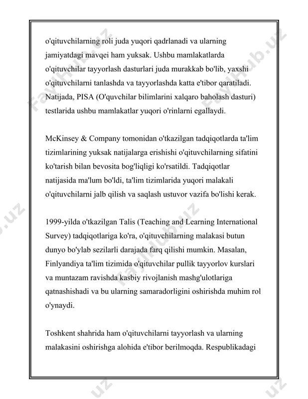 t ko'rsatmoqda, masalan, britaniya menejment universiteti, moskva davlat universiteti, inha universiteti, bu esa ta'limning sifatini va talabalar uchun imkoniyatlarni oshiradi. 9. **maxsus ehtiyojli talabalar uchun infratuzilma**: 2020 yil ma'lumotlariga ko'ra, o'zbekistondagi ta'lim muassasalarining 30% dan ortig'ida maxsus ehtiyojli talabalar uchun maxsus infratuzilma yaratilgan. 10. **yangi texnologiyalar joriy etilishi**: ta'lim muassasalarida yangi texnologiyalar, elektron doskalar, smart sinflar va onlayn ta'lim platformalari joriy qilinmoqda, bu esa ta'lim jarayonlarini yanada samarali qilmoqda. ushbu raqamlar va ma'lumotlar o'zbekistonda ta'lim muassasalarining infrastrukturasi darajasini tushunishga va ularning kelgusidagi rivojlanishiga oid ko’rsatkichlarni aniqlashga imkon beradi. mamlakatda tizimni modernizatsiya qilish bo'yicha doimiy ishlar olib borilmoqda. 3. karyera va kasbiy yo'nalish karyera va kasbiy yo'nalish – bu insonning mehnat faoliyati davomida erishadigan yutuqlari, professional malaka va qobiliyatlarining rivojlanishini anglatadi. ushbu jarayon insonning butun hayoti davomida davom etishi mumkin va muayyan kasbda mutaxassis bo'lishga yordam beradi. quyida karyera va kasbiy yo'nalish bilan bog'liq bo'lgan ba'zi muhim raqamli ma'lumotlar keltiriladi. 1. …