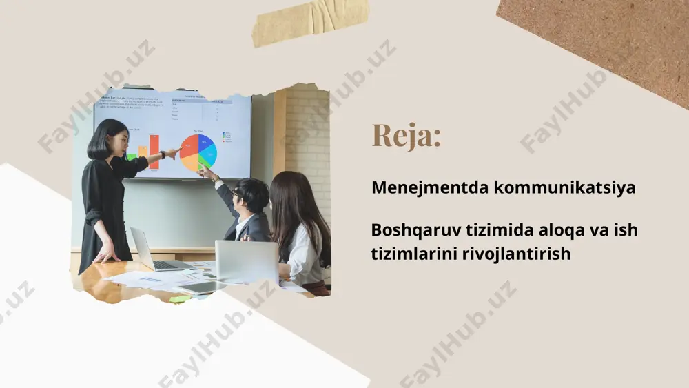 ol bo’ladi. ichki kommunikatsiya deganda korxona ichidagi bo’limlar o’rtasidagi, korxona ichki faoliyatini yurgizish uchun zarur bo’lgan axborot almashuvi tushuniladi. bu yerda boshqaruv bo’g’inlari (vertikal kommunikatsiya) va bo’limlararo (gorizontal kommunikatsiya) axborot almashuvi amalga oshiriladi. rahbar va bo’ysunuvchi o’rtasidagi kommunikatsiya - bu tashkilotda eng ko’p uchraydigan axborot almashuvidir. masalan, sex boshlig’i yoki masterning jamoa va ayrim xodimlar bilan jonli aloqasi juda yuksak baholanadi. jonli aloqada rahbar faqat o’z qarorini bildiribgina qolmay, bo’ysunuvchilarga ta’sir ko’rsa-tishi, ularda qarorni yaxshiroq bajarish uchun tashabbus va xohish uyg’otishi mumkin. qo’pollik bilan baqirish, "so’kinish"ga va hokazolarga aslo yo’l qo’ymaslik kerak. rahbarning shaxsiy obro’si ko’p jihatdan u o’z fikrini qay tarzda bildirishiga, qanday so’zlashiga bog’liq. noformal kommunikatsiya - bu rahbar atrofidagi shov-shuvlar, rahbarning xizmatga doir bo’lmagan shaxsiy aloqalari, norasmiy kanallar bilan axborot almashuvlari kiradi. bunday axborot almashuvi chegara doirasida bo’lishi kerak. boshqaruv tizimida aloqa va ish tizimlarini rivojlantirish boshqaruv tizimida aloqa va ish tizimlarini rivojlantirishni kuchaytirish uchun menejerlar quyidagi …