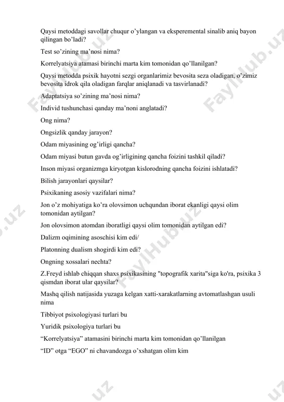 ining og’irligi qancha? odam miyasi butun gavda og’irligining qancha foizini tashkil qiladi? inson miyasi organizmga kiryotgan kislorodning qancha foizini ishlatadi? bilish jarayonlari qaysilar? psixikaning asosiy vazifalari nima? jon o’z mohiyatiga ko’ra olovsimon uchqundan iborat ekanligi qaysi olim tomonidan aytilgan? jon olovsimon atomdan iboratligi qaysi olim tomonidan aytilgan edi? dalizm oqimining asoschisi kim edi/ platonning dualism shogirdi kim edi? ongning xossalari nechta? z.freyd ishlab chiqqan shaxs psixikasining "topografik xarita"siga ko'ra, psixika 3 qismdan iborat ular qaysilar? mashq qilish natijasida yuzaga kelgan xatti-xarakatlarning avtomatlashgan usuli nima tibbiyot psixologiyasi turlari bu yuridik psixologiya turlari bu “korrelyatsiya” atamasini birinchi marta kim tomonidan qo’llanilgan “id” otga “ego” ni chavandozga o’xshatgan olim kim muayyan narsa xodisalar shaxs va jonivorlarning o’zigagina xos betakror xususiy belgilari nima deyiladi fikrlash faoliyati nima maslouning “ehtiyojlar nazariyasini” qaysi universitet tadqiqotchilari o’rgangan ehtiyojlar piramidasi nazariyasining asoschisi kim motiv nima maqsad nima ehtiyoj nima qobiliyat taraqqiyotining dastlabki tabiiy sharti sifatida namoyon bo‘ladigan miya …