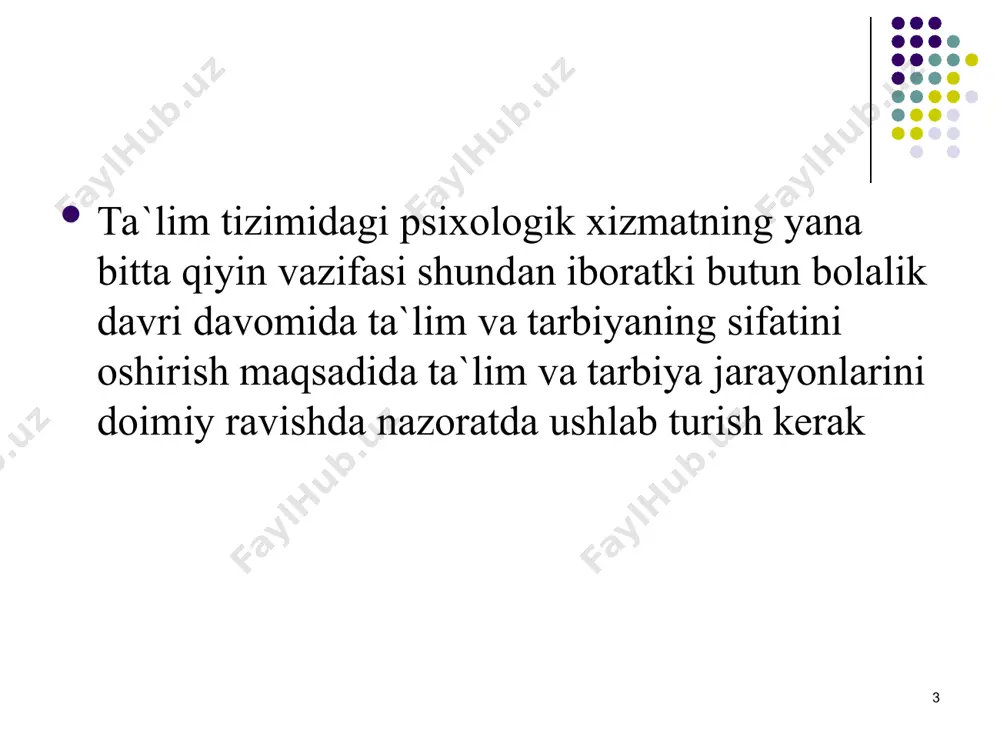 k ekspertiza qilish bilan bog`liq boshqa masalalar * * bu yerda amaliyotchi psixologning vazifasi shundan iboratki, u boshqa mutaxassislar: pedagoglar, vrachlar, defektologlar fikri bilan bir qatorda hisobga olinadigan ma`sul va savodli ekspert xulosasi berishi kerakki, bu xulosa bolaning keyingi taqdirini xal qilishda hisobga olinadi. * * psixologik xizmat murakkab tuzilmaga ega bo`lib vazirlikdan tortib to bolalar bog`chasigacha psixologlar bo`ladi. hozirgi kunda amaliyotchi psixolog faoliyatida 4 ta yo`nalishni ko`rish mumkin, bular: psixodiagnostika, psixologik konsultatsiya, psixoprofilaktika va psixokorreksiya. birinchi yo`nalishi -psixodiagnostika - o`quvchini psixologik tadqiq qilish metodlari, shu jumladan testlarni professional darajada o`zlashtirganlikni taqozo etadi. * * ta`lim tizimida amaliyotchi psixolog lavozimiga da`vogar odamga ma`lum kvalifikatsion talablar qo`yiladi. bulardan eng asosiysi shuki, bunday odam maxsus psixologik oliy ma`lumot to`g`risida diplomga ega bo`lishi kerak. ya`ni yoki universitetning "psixologiya" mutaxassisligini yoki pedagogika oliy o`quv yurti qoshida tashkil etilgan "ta`lim tizimida amaliyotchi psixolog" mutaxassisligi bo`yicha maxsus fakultetni tamomlagan bo`lishi kerak. * * psixolog chuqur kasbiy …