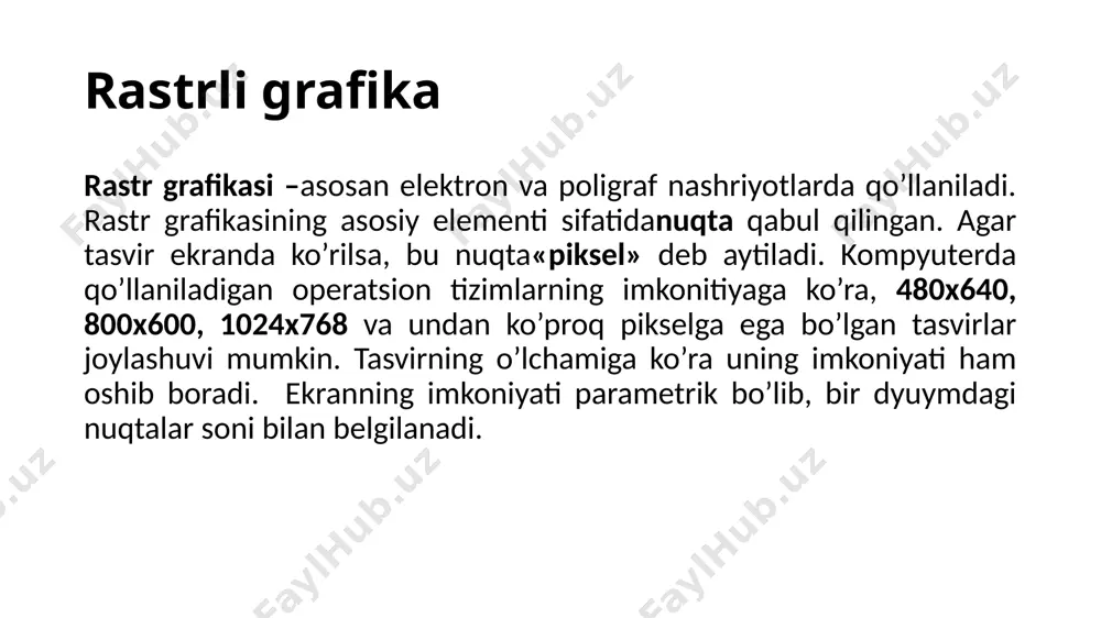 siz ikki o’lchovli va uch o’lchovli ob’yektlarni qo’llashingiz mumkin. bu dastur yordamida yuqori sifatli multiplikasion filmlar, ma’lum fanlar bo’yicha ko’rgazmali dasturlar tuzish mumkin. 3d studio max da obyektlarni qurish maydoni (viewport)da yaratasiz. bu-ning uchun siz kerakli asbobni tanlab, ko’rsorni qurish maydoniga keltirganingizda ko’rsor shakli o’zgaradi. sichqoncha yordamida obyektning o’lchovlarini berasiz. yaratilgan obyektlarda kino effektlar yaratish uchun maxsus kamera va yoritgich asboblarini qo’llashingiz mumkin. obyekt sirti uchun turli material tanlashingiz mumkin, ya’ni unga masalan shaffof yoki g’adir-budir sirt berishingiz mumkin bo’ladi. qurish maydonida yaratilgan ob’yektlarni harakatlantirib, kichik animasiya hosil qilish mumkin. buning uchun {animasiya} tugmasini bosib, kadrlarni o’zgartirgan holda ob’yektni harakatlantirish bilan oxirgi kadrga kelinadi. so’ngra animasiya panelidan {play} tugmasi bosiladi. natijada kadrlar almashinib, animasiya hosil bo’ladi. bu yaratilgan animasiyani fayl ko’rinishida komp’yuter xotirasida saqlash va istalgan video tasvirlarni o’qiy oladigan dastur yordamida o’qishimiz mumkin. fayl *.avi kengaytmali formatda saqlanishi mumkin. e’tiboringiz uchun raxmat! /docprops/thumbnail.jpeg