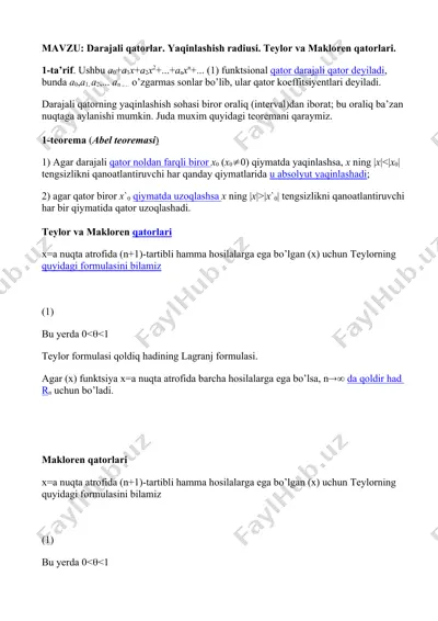 darajali qatorlar. yaqinlashish radiusi. teylor va makloren qatorlari — DOCX