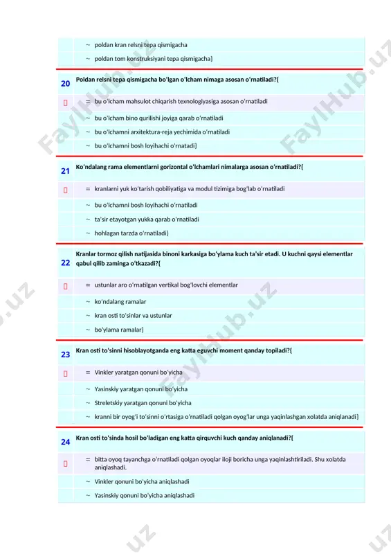 ar, fazoviy konstruksiyalar va baland inshootlar balkali, ramali, arkali, ko’prik kranlar, katta oraliklar, bashnya, machta xtakaelar. 1. sanoat binolari, fazoviy konstruksiyalar, gumbazlar, rezervuorlar, gazgalzerlar, lep lar. 4 metall konstruksiyalarni loyixalashda qo’yiladigan umumiy talablar qaysi?  ekspluatatsiya qilinish sharoitlari, metall iqtisod qilinishi, uzoq mudatga chidamliligi, estetik ko’rkamligi. chirishni, issiqbardoshlikni, tez mantaj, transporda tashishga qulayligi, utkazmaslik, sanoatlashganligi, metall iqtisodi. yengilik, mustahkamlik, issikbardoshlik, transporda tashishga qulayligi, uzoq muddatga yarokliligi, montajining qulayligi. tipizatsiya, unifikatsiya, konstruktiv shakliga, metall iqtisodi, ishlab chikrishni jadallashtirish, mustahkamlik. 5 birinchi chugun ko’prik kayerda qachon qurilgan?  1784 yillarda peterburgda 1880 yillarda tulada 1725 yillarda uralda 1560 yillarda moskvada} 6 metall konstruksiyalar tayyorlanadigan po’lat sifati qanday aniqlanadi?  plastiklik kursatkichi, mexanik xossalari, payvandlanish xususiyati tayyorlash xususiyati, tayyorlash texnologiyasi va chirishga chidamliligi bo’yicha. mexanik xossalari va plastiklik kursatkichi bo’yicha; plastiklik kursatkichi va chirishiga chidamliligi bo’yicha; payvandlanish xususiyati va tayyorlash texnologiyasi bo’yicha; 7 po’latlar mexanik xossalari bo’yicha necha gruppaga ajratiladi?  3 ta …