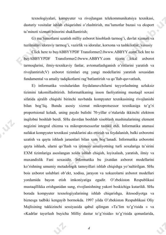 a to’g’ri keladi, uning paydo bulishi 70-yillar urtalarida ikkinchi elektoron inkilobini boshlab berdi. click here to buyabbyypdf transformer2.0www.abbyy.comclick here to buyabbyypdf transformer2.0www.abbyy.com shu davrdan boshlab xisoblash iashinalarining element negizini integral chizma va mikroprotsessorlar tashkil etdi. informatika atamasi nafakat kompyuter texnikasi yutuklarini aks ettirish va foydalanish, balki axborotni uzatish va qayta ishlash jaraenlari bilan xam boglanadi. informatika axborotni qayta ishlash, ularni kullash va ijtimoiy amalietning turli soxalariga ta’sirini exm tizimlariga asoslangan xolda ishlab chiqish, loyixalash,yaratish, baxolash, ishlashning turli jixatlarini urganuvchi kompleks ilmiy va muxandislik fani soxasidir. informatika-kompyuterlar yordami va ularni qo’llash muxiti vositasida axborotni yangilash jaraenlari bilan bog’liq inson faoliyati soxasidir. dasturlash tillari har xil maqsadlarga – murakkab matematik masalalarni yechish, iqtisodiy-matematik hisob-kitoblarni amalga oshirishdan tortib musiqa partituralari va kompyuter grafikasini yaratishgacha bo‘lgan ishlarni bajarish uchun ishlatiladi. zamonaviy dasturlash tillarini yaratish masalasidagi tadqiqotlar dasturlashning o‘zi mavjud bo‘lgan vaqtdan boshlab olib boriladi. microsoft kompaniyasi tomonidan bu izlanishlar natijasida dasturlashning zamonaviy standartlariga mos …