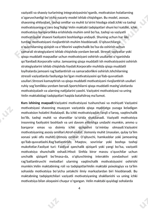 rini yaxshi. vaziyatni motivatsiyasi va uning velin maktabidagi tadqiqotlari haqida batafsilroq ma'lumot. kurs ishining maqsadi:vaziyatni motivatsiyasi tushunchasi va mohiyati vaziyatni motivatsiyasi shaxsning muayyan vaziyatda qisqa muddatga yuzaga keladigan motivatsion holatini ifodalaydi. bu ichki motivatsiyadan farqli o‘laroq, vaqtinchalik bo‘lib, tashqi muhit va sharoitlar ta’sirida shakllanadi. vaziyatli motivatsiya insonning faoliyatni boshlash va uni davom ettirishga undashi mumkin, ammo u barqaror emas va doimiy ichki qiziqishni ta’minlay olmaydi.vaziyatni motivatsiyaning asosiy omillari:atrof-muhit: jismoniy muhit (masalan, qulay ta’lim xonasi yoki ofis muhiti).ijtimoiy omillar: o‘qituvchi, hamkasblar yoki jamoaning qo‘llab-quvvatlashi.rag‘batlantirish: maqtov, sovrinlar yoki boshqa tashqi mukofotlar.faoliyat turi: faoliyat qanchalik qiziqarli yoki yangi bo‘lsa, vaziyatli motivatsiya shunchalik oshadi.misol: sinfda biror mavzu o‘quvchilar uchun unchalik qiziqarli bo‘lmasa-da, o‘qituvchining interaktiv yondashuvi yoki rag‘batlantiruvchi metodlari ularning vaqtinchalik motivatsiyasini oshirishi mumkin.velin maktabining roli va tadqiqotlarivelin maktabi psixologiya va ta'lim sohasida motivatsiya bo‘yicha yetakchi ilmiy markazlardan biri hisoblanadi. bu maktabning tadqiqotchilari vaziyatli motivatsiyaning shakllanishi va uning ichki motivatsiya bilan aloqasini chuqur o‘rgangan. velin …