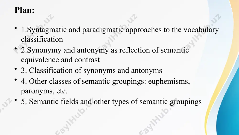 meaning or functional style: e.g. love – worship; to help - to aid - to assist; mouth-trap (sl.) 3. absolute synonyms - words coinciding in all their shades of meaning and in all their stylistic characteristics, which are quite few: e.g. noun – substantive, scientist – researcher, sentence-syntaxeme, denotative-denotational, etc. a.i. smirnitsky types of synonyms - contextual/context-dependent synonyms – similar in meaning only under specific distributional conditions, when the difference between the meanings of two words is contextually neutralized: e.g. fiercely and passionately; - dialectal synonyms – pertaining to different variants of the language or its dialects: e.g. kid (am.) – child (br.) – bairn (sc.) - bag - poke - sack synonymic dominant a synonymic dominant in the synonymic group is the most general term potentially containing basic or specific features of each member and able to be substituted for any other word of the group: to look-to glance-to …
