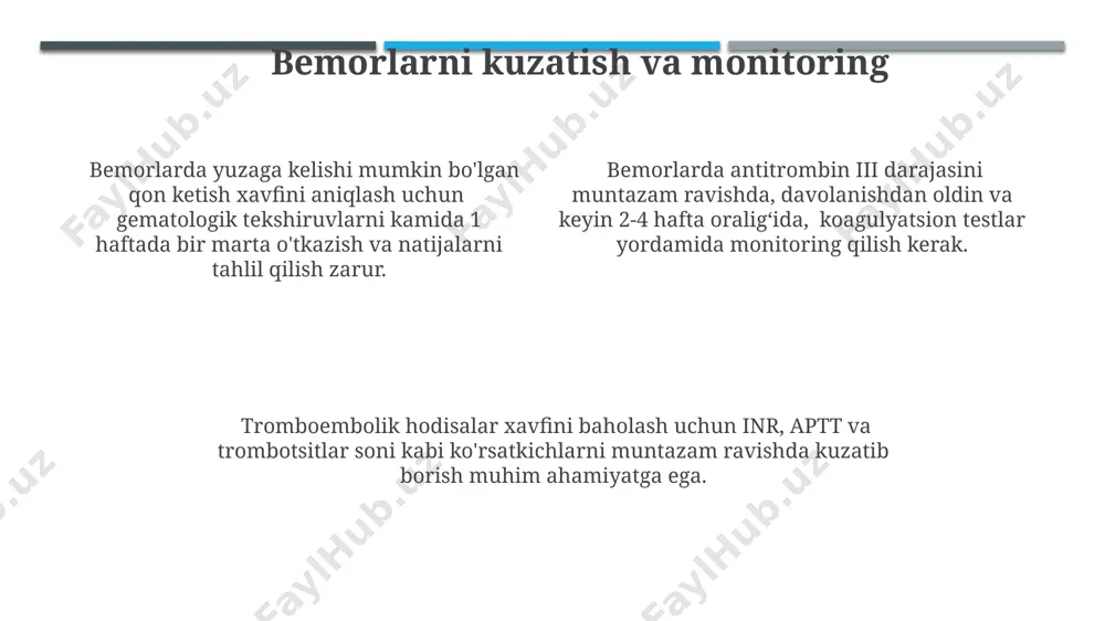 ing 5-10% ga sabab bo'ladi. trombotik holatlarning patogenezi qon ivish tizimining giperaktivligi yoki antikoagulyant mexanizmlarining yetishmovchiligi, masalan, antitrombin iii darajasining pasayishi natijasida yuzaga keladi. antitrombin iii darajasini aniqlash usullari koagulyatsion testlar, masalan, trombin vaqtini o‘lchash orqali antitrombin iii faolligini bilvosita baholash mumkin, ammo bu usullar kamroq aniq bo‘ladi, normal qiymat 80-120%. antitrombin iii darajasini aniqlashda funksional testlar, xususan, trombin inhibitori faolligini o'lchash usuli qo'llaniladi va bu natijalar antitrombin iii molekulasining funktsional holatini ko'rsatadi. antitrombin iii darajasini aniqlashda immunoferment analiz (ifa) usuli keng qo‘llaniladi, bu usulning sezuvchanligi 95% dan yuqori va aniqligi 98% ga yetishi mumkin. antitrombin iii ning fiziologik roli antitrombin iii ning asosiy funktsiyasi qon ivishining haddan tashqari faollasishini oldini olish bo'lib, u tromboz va emboliyani rivojlanishiga to'sqinlik qiladi, bu jarayonlarda 80% dan ortiq roli bor. antitrombin iii ning fiziologik konsentratsiyasi qonda taxminan 20-40 mg/dl ni tashkil etadi va uning yetarli darajada bo'lishi sog'lom gemostaz uchun muhim ahamiyatga ega. …