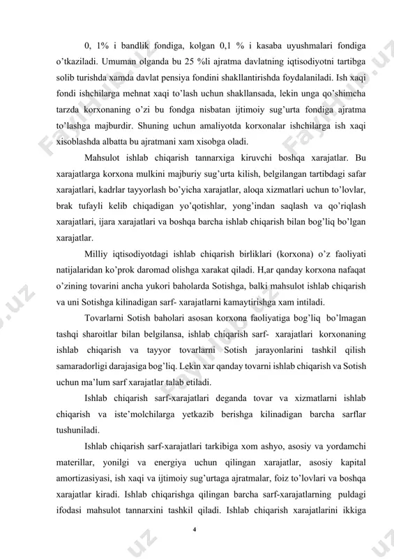 iqarish xarajatlarini ikkiga bo’lib қадоқлаш, саралаш, транспортга ортиш, ташиш ва сақлаш харажатлари қўшимча муомала харажатлари хисобланади. муомала харажатларининг бу турлари ишлаб чиқариш харажатларига яқин туриб, товар қийматига киради ва унинг қийматини оширади. харажатлар товарлар сотилгандан кейин олинган пул тушум суммасидан қопланади. 1.1.1-чизма корхонада махсулот ишлаб чиқариш ва уни сотиш билан боғлиқ харажатлар o’rganish mumkin: bevosita ishlab chiqarish xarajatlari va muomala xarajatlari. bevosita ishlab chiqarish xarajatlari deganda mahsulotni bevosita ishlab chiqarish uchun kilinadigan barcha sarflar (ish xaqi, xom ashyo va material sarflari, amortizasiya va x.k) tushuniladi. tovar birligining qiymatida ishlab chiqarish xarajatlari faqat uning bir qismini tashkil qiladi. ishlab chiqarish xarajatlari tovar qiymatidan foyda mikdoriga kam. muomala xarajatlari tushunchasi tovarlarni sotish jarayoni bilan bog’liq bo’lib, shu tovarlarni ishlab chiqaruvchidan olib, iste’molchiga yetkazilguncha ketadigan sarflarga aytiladi. ular ikki guruxga bo’linadi: qo’shimcha muomala xarajatlari va sof muomala xarajatlari. tovarlarni o’rash, chizmada korxonada mahsulot ishlab chiqarish xamda muomala xarajatlari va ularning tarkibini ko’rishimiz mumkin. …