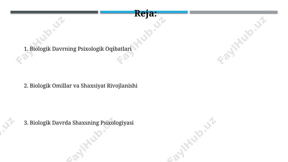sabiylashish kabi psixologik muammolarni keltirib chiqarishi mumni. sog'lom turmush tarzining ahamiyati jismoniy faollikning haftasiga kamida 150 daqiqa miqdorida amalga oshirilishi, stress darajasini pasaytirib, kayfiyatni yaxshilaydi va immunitet tizimini mustahkamlaydi. sog'lom turmush tarzining rioya qilinishi yurak-qon tomir kasalliklari xavfini 30% ga kamaytirishi va umr ko'rish davomiyligini 5-7 yilga uzaytirishi mumkin. irsiyat va atrof-muhitning ta'siri genetik moyillik va atrof-muhit o'zaro ta'sirining natijasi sifatida individual farqlarning 70% atrof-muhitga va 30% irsiyatga bog'liq bo'lishi mumkin. bolalik davrida tajribalar, masalan, 3 yoshgacha bo'lgan bolalarning miyaviy rivojlanishiga kuchli ta'sir ko'rsatib, keyingi hayot davrida xulq-atvor va psixologik salomatlikka ta'sir qiladi. e'tiboringiz uchun rahmat @taqdimot_robot image1.jpg image2.jpg image3.jpg image4.jpg image5.jpg image6.jpg