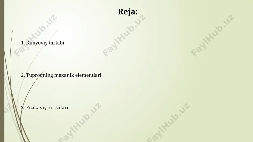 ori muhim ko'rsatkichlar hisoblanadi. tuproqning kimyoviy tarkibi uning unumdorligini belgilaydi. masalan, optimum darajadagi makroelementlar (n, p, k) miqdori yuqori hosil olishni ta'minlaydi. tuproqning zichligi tuproq zichligini aniqlash uchun, laboratoriya sharoitida maxsus uskunalar, masalan, piknometr yordamida o'lchanadi va tuproqning fizik xossalarini baholashda muhim rol o'ynaydi. yuqori zichlikli tuproqlarda suv va havo o'tkazuvchanligi past bo'ladi, bu esa o'simliklarning o'sishi va rivojlanishiga salbiy ta'sir ko'rsatadi. masalan, 2,0 g/sm³ dan yuqori zichlikka ega tuproqlarda ildiz tizimining rivojlanishi cheklanadi. tuproqning mineral tarkibi tuproqning mineral tarkibi asosan kremniy (sio2) va alyuminiy oksidlaridan (al2o3) iborat bo'lib, ularning miqdori taxminan 60-75% ni tashkil etadi. tuproq tarkibida temir oksidlari (fe2o3) va kaltsiy karbonatlar (caco3) kabi minerallar ham 5-15% gacha uchraydi, bu esa tuproqning fizik-kimyoviy xususiyatlariga ta'sir ko'rsatadi. tuproqning namligi tuproq namligining miqdori, massaviy ulush sifatida ifodalansa, 15% dan 30% gacha o'zgarib turishi mumkin, bu esa tuproqning fizikaviy xossalariga sezilarli ta'sir ko'rsatadi. tuproq namligini o'lchash uchun tensiometr yordamida tuproqdagi suv …