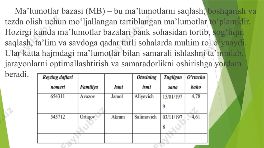 – yangi ma’lumot kiritish update – ma’lumotni o‘zgartirish delete – ma’lumotni o‘chirish create table – jadval yaratish drop table – jadvalni o‘chirish normalizatsiya normalizatsiya – ma’lumotlar bazasida ma’lumotlarni takrorlanmasligini va samarali saqlanishini ta’minlaydigan texnika. normal shakllar: 1nf – elementar qiymatlar 2nf – asosiy kalitga to‘liq bog‘lanish 3nf – tranzitiv bog‘lanishlarni olib tashlash ma’lumotlar xavfsizligi mbda xavfsizlik muhim omil bo‘lib, quyidagilarni o‘z ichiga oladi: foydalanuvchi huquqlari (grant, revoke) zaxira nusxa olish (backup) shifrlash (encryption) xatoliklarni qayta tiklash (recovery) image1.png image2.jpeg image3.png image4.png /docprops/thumbnail.jpeg