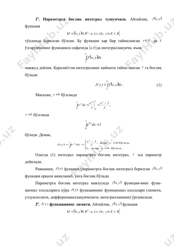 а мавжуд бўлсин. 1-теорема. фараз қилайлик, функция қуйидаги шарт​ларни бажарсин: 1) ҳар бир тайин да функция ўзгарувчи-нинг функцияси сифатида да узлуксиз; 2) да функция лимит функция га да текис яқинлашсин. у ҳолда да функция лимитга эса бўлиб, (2) бўлади. ◄ келтирилган теореманинг шартларини бажарилиши-дан, 74-маърузадаги 3-теоремага кўра, лимит функция нинг да узлуксиз бўлиши келиб чиқади. демак, интеграл мавжуд. айни пайтда, да функциянинг да функцияга текис яқинлашувчи бўлишидан, таърифга биноан, бўлишини топамиз. ушбу айирмани қарайлик. равшанки, тенгсизликни қаноатлантирувчи ихтиёрий учун бўлади. кейинги муносабатдан бўлиши келиб чиқади. ► (2) муносабатни қуйидагича ҳам ёзиш мумкин. бу интеграл белгиси остида лимитга ўтиш қоидасини ифо​да​лай​ди. 30. функциянинг узлуксизлиги. функциянинг узлук​сиз​ли​гини қуйидаги теорема ифодалайди. 2-теорема. агар функция тўпламда узлуксиз бўлса, функция да узлуксиз бўлади. ◄ ихтиёрий ва нуқталарни олиб, функ​ция​нинг орттирмасини топамиз: . функция тўпламда текис узлуксиз. унда учун шундай топиладики, бўлганда, учун бўлади. демак, бўлганда бўлади. кейинги муносабатдан бўлиши келиб чиқади. бу эса функцияни ихтиёрий …