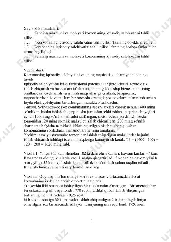 sh ichidagi iste'mol miqdoriga kamaytirish kerak. tp = (1400 - 100) + 120 + 200 = 1620 ming rubl. vazifa 1. yiliga 365 kun, shundan 102 ta dam olish kunlari, bayram kunlari -7 kun. bayramdan oldingi kunlarda vaqt 1 soatga qisqartiriladi .smenaning davomiyligi 8 soat , yiliga 35 kun rejalashtirilgan profilaktik ta'mirlash uchun taqdim etiladi . bitta ishchining samarali vaqt fondini aniqlang. vazifa 5. quyidagi ma'lumotlarga ko'ra ikkita asosiy ustaxonadan iborat korxonaning ishlab chiqarish quvvatini aniqlang: a) a sexida ikki smenada ishlaydigan 50 ta uskunalar o'rnatilgan . bir smenada har bir uskunaning ish vaqti fondi 1770 soatni tashkil qiladi. ishlab chiqarilgan birlikning mehnat zichligi - 0,25 soat; b) b sexida soatiga 60 ta mahsulot ishlab chiqaradigan 2 ta texnologik liniya o'rnatilgan, sex bir smenada ishlaydi . liniyaning ish vaqti fondi 1720 soat. masalalar 1-masala mark ismli rieltor (ko‘chmas mulk savdosi bilan shug’ullanuvchi) quyidagi vaziyatlarni yechishda yordam berishimni so‘rab menga murojaat …