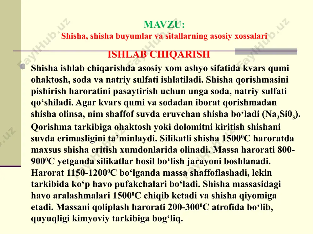 ha buyumlar va sitallarning asosiy xossalari shishaning turlari taxta oyna. taxta oynaga oddiy deraza, vitrina, issiqlik nurlarini yutuvchi, armaturalangan va boshqa oyna turlari kiradi. taxta oyna deraza va eshikni to‘sishga, sanoat va jamoat binolarini tashqi muhitdan izolyastiyalashda, ichki va tashqi tomondan bezashda ishlatiladi. taxta oyna eni 250-1600 mm, uzunligi 250-2200 mm, qalinligi 2; 2,5; 3; 4; 5 va 6 mm o‘lchamlarda tayyorlanadi. bir metr kvadrat oynaning massasi 2-5 kg bo‘ladi. shisha taxtaning nur o‘tkazuvchanligi 87% kam bo‘lmasligi, shaffof bo‘lishi talab etiladi. u rangsiz bo‘lib, ba’zi xollarda yashil yoki ko‘kimtir soyalar bo‘lishi ruxsat etiladi. mavzu: shisha, shisha buyumlar va sitallarning asosiy xossalari vitrina oynasi ma’muriy, maishiy, savdo, mehmonxona va sh.k. binolarni bezashda va izolyastiyalashda ishlatiladi. vitrina oynalari polirovkalanib, qalinligi 6-10 mm, eni 3500, bo‘yi 6000 mm gacha o‘lchamlarda ishlab chiqariladi. issiq nurlarni qaytaruvchi oyna bir tomondan 0,3-1 mkm qalinlikda, turli rangdagi metall va oksid plyonkalar bilan qoplangan bo‘ladi. metall yoki oksid …