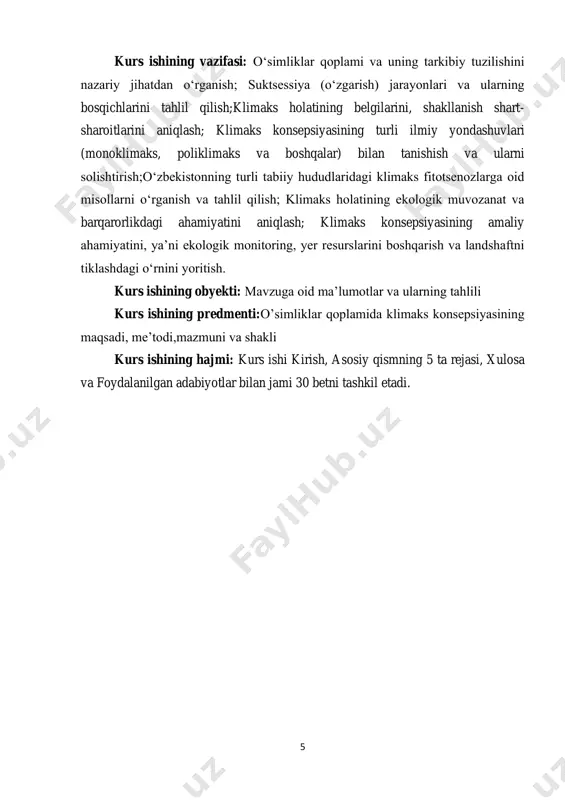 hgan fitotsenoz (masalan, yaylov sifatida foydalanilayotgan barqaror o‘simliklar jamoasi). klimaksning ahamiyati klimaks fitotsenozlar bir necha muhim ekologik funksiyalarni bajaradi: ekologik barqarorlikni ta’minlaydi – bu holat biosferaning eng muvozanatli qismidir. biologik xilma-xillikni saqlaydi – klimaks holatlar tur vagenetik darajada boy bo‘ladi. tuproq eroziyasining oldini oladi, yer 7 unumdorligini tabiiy holatda ushlab turadi. suv aylanishi va mikroiqlimni barqarorlashtiradi. ekologik monitoring va landshaftni tiklash ishlarida asos bo‘lib xizmat qiladi. o‘zbekiston sharoitida klimaks fitotsenozlar o‘zbekistonning iqlimiy sharoitiga qarab quyidagi klimaks fitotsenozlar ajratiladi: cho‘l zonasi – saksovul, qandim, yuzasidan barqaror cho‘l o‘simliklari. o‘rta tog‘ mintaqalari – yantoq, bodomzor, archazorlar. nam vodiy hududlar – qamishzorlar, terakzorlar. subalp va alp zonalari – butazor va giyohli fitotsenozlar.bugungi kunda ushbu klimaks holatlarning ko‘pchiligi inson faoliyati, ya’ni qishloq xo‘jaligi, qurilish, texnologik ifloslanish va o‘rmonlarning kesilishi tufayli izdan chiqmoqda. bu esa ekologik muvozanatning buzilishiga olib kelmoqda. klimaks konsepsiyasi: asosiy tushuncha. klimaks — bu o‘simliklar jamoasi (fitotsenoz)ning barqaror va nisbatan doimiy holati …