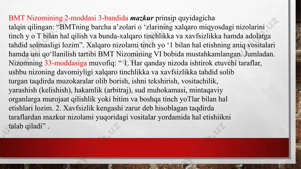 elgilariga imkon bermaslini taqozo etadi. 1970-y.xalqaro huquq prinsiplari to ’g ‘risidagi deklaratsiya 1975-y .exhkning yakuniy hujjati xalqaro tashkilotlarning nizomlan, xalqaro rezolyutsiya va deklaratsiyalar xalqlarning o‘z taqdirini o‘zi belgilash va ularning teng huquqliligi prinsipi xalqlarning o'z taqdirini o ‘zi belgilash va ularning teng huquqliligi prinsipi - barcha xalqiar erkin tarzda chetdan aralashuvsiz o'zlarining siyosiy maqomlarini belgilash hamda o ‘zlanning iqtisodiy, ijtimoiy va madaniy rivojlanishlarini o'zlarining tarixiy, jug’rofiy, madaniy, diniy v a boshqa urf-odatlariga xos bo’lgan hamda o ‘z tasawurlaridan kelib chiqib belgilash huquqiga ega ekanligini anglatadi. o‘z taqdirini o ‘zi belgilash prinsipining o cziga xos xususiyati shundan iboratki, u inson huquqlarini hurmat qilish prinsipi kabi davlatlar huquqiariga emas balki o‘zga xalq va millatlarning paydo bo‘lishiga bag‘ishlangan. inson huquqlari bosqich a paktlar xalqlarning o ‘z taqdirini o‘zi belgilash huquqini inson huquqlari bilan o ‘zaro aloqasini mustahkamladi (1-modda). natijada, xalqaro huquq subyektlari bo‘lmaganlaming huquqlari xalqaro huquqda mustahkamlandi, davlatlarga esa ularning huquqlarini hurmat qilish …