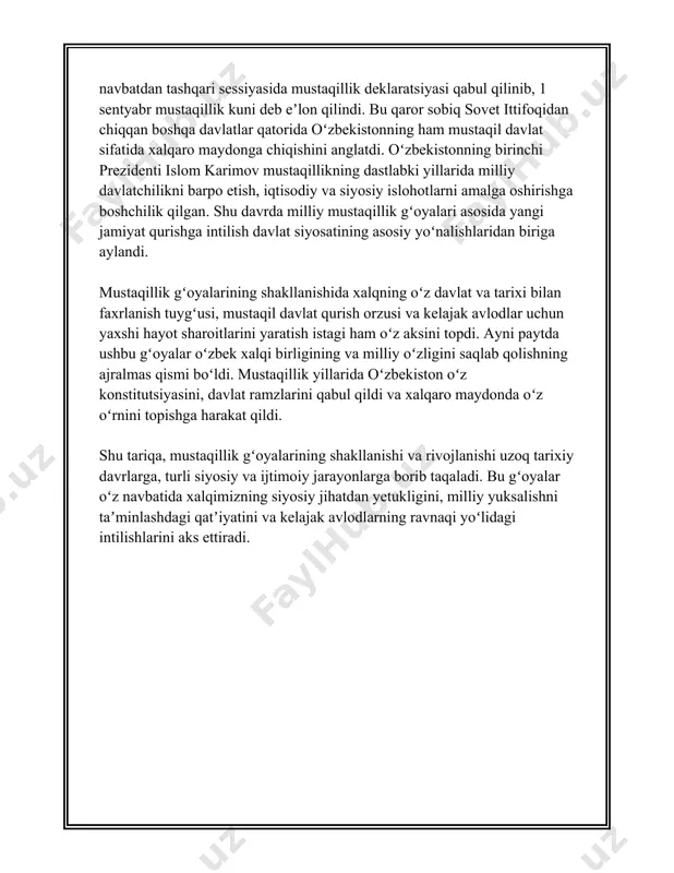 oshirildi. jumladan, sanoat, qishloq xo'jaligi, ta'lim va sog'liqni saqlash sohalarida tub o'zgarishlar amalga oshirildi. mustaqillik davrida, oʻzbekistonning tashqi siyosiy aloqalari kengaytirildi. davlatlararo diplomatik va iqtisodiy munosabatlarni rivojlantirish orqali o'zbekiston o'zining xalqaro maydondagi mavqeini mustahkamladi. 2000-yillarga kelib, oʻzbekiston umumjahon savdo tashkiloti (wto)ga aʼzo boʻlish jarayoniga kirishdi. umuman olganda, o'zbekiston mustaqillik harakati tarixiy jarayon sifatida milliy ong va davlat mustaqilligini shakllantirishda muhim rol o'ynadi. bu jarayon xalqning birligi va davlatning suverenligini ta'minlashda muhim qadamlar qo'yilishiga sabab bo'ldi. yillar davomida o'z rivojlanish yo'lini tanlagan o'zbekiston, bugungi kunda mustaqil va suveren davlatchilik asoslarini mustahkamlay olgan jamiyat sifatida namoyon bo'lmoqda. 3. jadidchilik harakati va mustaqillik jadidchilik harakati oʻzbekiston va butun markaziy osiyo tarixida muhim ahamiyat kasb etgan madaniy-maʼrifiy harakatdir. ushbu harakat xix asr oxiri va xx asr boshlarida avj olgan boʻlib, oʻsha davrdagi jadid ziyolilari tomonidan boshlab berilgan. jadidchilik harakati oʻzbek va umuman turkiston xalqlarining milliy uygʻonishi, maʼrifat tarqatishga qaratilgan boʻlib, ularning asosiy maqsadi oʻsha …