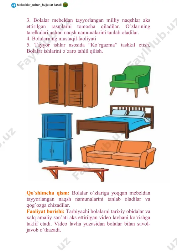 anib o`tirib qolibdi. shunda to`quvchining diqqatini gulhanning suvdagi aksi tortibdi. gulhan suvda oyning shulasida juda ham betakror jilovlanar ekan. shundan ilhomlangan to`quvchi darhol uni matoga aks ettira boshlabdi. shunday qilib bolajonlar milliy atlas matosi yaratilgan ekan. tarbiyachi: bolajonlar zerikib qolmadingizmi. kelinglar jismoniy daqiqa o`tkazamiz. chiq chiq soatim chiq (bolalar yelkalarini o`ng va chapga buradilar). sakkiz bo`ldimi qarang (qo`llarini yuqoriga ko`tarib qimirlatishadi). sakkizta urdi jarang (qo`ng`iroq harakatini bajaradilar) o`rnimdan tura qolay (o`tirib, turadilar) bog`chamga bora qolay (yurish harakatini bajaradilar) tarbiyachi: bolalar naqshlarni nimalarga chizish mumkun ekan? 3-bola: likopchalarga, tavoqlarga 4-bola: piyolalarga, choynaklarga tarbiyachi: - to`g`ri bolajonlar. naqshlar yana ko`zalarga, eshik va romlarga, gilamlarga, palaklarga, so`zanalarga ham chiziladi. bolajonlar sizlar hozir oldingizda turgan namunalardan foydalanib naqsh chizishingiz mumkun. buning uchun avvalo oldingizdagi likopchani, piyolani, choynakni, ko`zachalarni sathini aniqlab olamiz. qarang likop piyolaga nisbatan sayozroq, choynak piyoladan balandroq, ko`za esa barcha buyumlardan balandroq. endi naqshlarni qanday joylashtirish kerak ekanligini ko`rib chiqamiz. tarbiyachi: bolalarni …