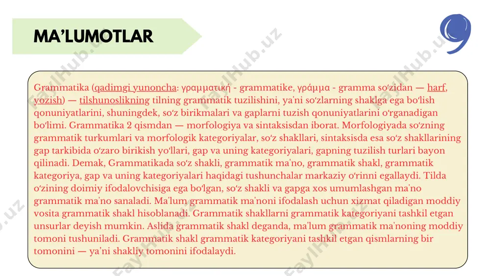 lashi haqida gap boradi. yuqoridagi usulda grammatik birliklarni oʻrganish nofaol grammatika sanaladi. aksincha, mazmundan shaklga tamoyili bilan ish koʻruvchi grammatika faol grammatika hisoblanadi. faol grammatikada u yoki bu mazmun qanday yoʻllar bilan moddiylashishi mumkinligi aniqlanadi. xuddi shu yoʻnalish bilan bogʻliq ravishda grammatika mazmuniy (mental), shakliy (formal) va vazifaviy (funksional) grammatikalarga boʻlinadi. mazmuniy grammatika mazmundan shaklga tamoyiliga amal qiladi. obyektiv borliqning ongda aks etishi va ongda aks etgan obyektiv olam unsurlari umumlashgan obrazlarning tilda qanday oʻz ifodasini topishini mazmuniy grammatika oʻrganadi. shakliy grammatika esa semasiologik tamoyil, shakldan mazmunga tamoyili asosida ish koʻradi. grammatik kategoriyalarni tasnif qilishda shakl ustuvorlik qiladi. bu yo’nalishda grammatik shakllarni oʻrganish jarayonida nolisoniy (ekstralingvistik) omillarning eʼtiborga olinishi shart emasligi taʼkidlanadi. funksional grammatikada asosiy eʼtibor grammatik shakl va grammatik kategoriyalarning vazifasiga qaratiladi. bunday grammatikalarda lisoniy birlikning 3 tomoni: mazmun, shakl, vazifa (funksiya) dialektik birlikda olinadi. grammatika tarixi grammatika muammolari dastlab qadimda hindistonda (tilshunos paninining grammatikaga oid traktatida, miloddan avvalgi …