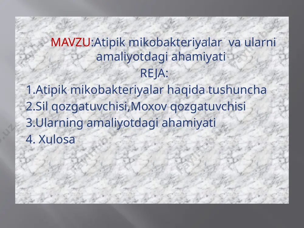 qalar kiradi sil qozgatuvchisi m.tuberculosisni r.kox 1882-yilda topgan (kox tayoqchasi)va u kasallikning patogenezi immuniteti hamda boshqa xususiyatlarini organgan.sil qozgatuvchisi ingichka togri yoki biroz bukilgan tayoqchasimon shuningdek ipsimon shoxlangan sharsimon filtrdan otuvchi va l shakllarda boladi.ularda mikrokapsula bor spora hosil qilmaydi harakatsiz.ular maxsus kislota va ishqorga chidamliligi uchun sil- nilsen usulida qizil,mux-vays usulida binafsha rangga kiradi.yangi ajratib olingan mikobakteriyalar sitoplazmasi gomogen ,eskilari esa donador boladi.sil mikobakteriyalari oziq muhitiga talabchan hisoblanib ular murakkab oziq muhitlariga ega bolgan oziq muhitlarida aerob sharoitda osadi.qulay osish sharoiti 37-c,30 -42-c da yaxshi osadi sil mikobakteriyalari glitserinli kartoshkali tuxumli va turli mineral tuzlar qoshilgan oziq muhitlarda yaxshi osadi.ayniqsa levenshteyn-yensen ,petranyani va dorse muhitlarida yaxshi osadi.qattiq oziq muhitlarda quruq bujmaygan gadir budur chetlari notekis mogor zamburuglariga oxshash aromatik hid tarqatuvchi r-koloniya hosil qiladi.ularning koloniyalari r-shakldan s-shaklga otish xususiyatiga ega bolib ular suyuq oziq muhitlarida parda hosil qiladi.mikobakteriya tarkibiga oqsil yog uglevod turli mineral tuzlar mavjud .ular oqsillarni parchalaydigan …