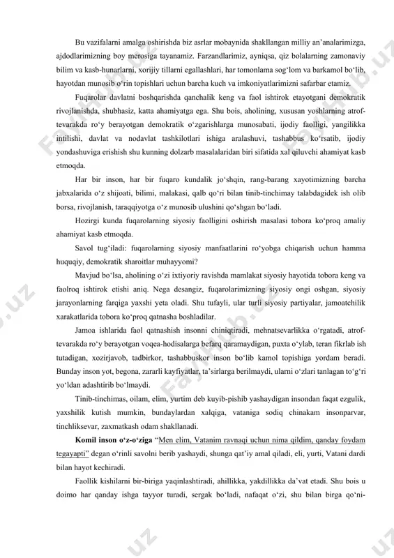 giliklarga ochiq, ma’rifatli fuqaroviy jamiyat barpo etmoqdamiz. o‘zbekiston respublikasining prezidenti shavkat mirziyoyevning o‘zbekiston respublikasi konstitutsiyasi qabul qilinganining 24 yilligiga bag‘ishlangan tantanali marosimdagi “qonun ustuvorligi va inson manfaatlarini ta’minlash – yurt taraqqiyoti va xalq farovonligining garovi” nomli ma’ruzasida yosh avlod tarbiyasiga oid qo‘yidagi fikrlarni bildirib o‘tdi: “yosh avlod tarbiyasi haqida gapirganda, abdurauf fitrat bobomizning mana bu fikrlariga har birimiz, ayniqsa, endi hayotga kirib kelayotgan o‘g‘il-qizlarimiz amal qilishlarini men juda-juda istardim. mana, ulug‘ ajdodimiz nima deb yozganlar: “xalqning aniq maqsad sari harakat qilishi, davlatmand bo‘lishi, baxtli bo‘lib izzat-hurmat topishi, jahongir bo‘lishi yoki zaif bo‘lib xorlikka tushishi, baxtsizlik yukini tortishi, e’tibordan qolib, o‘zgalarga tobe va qul, asir bo‘lishi ularning o‘z ota-onalaridan bolalikda olgan tarbiyalariga bog‘liq”. qarang, qanday bebaho, oltinga teng so‘zlar! bugungi kunda yon-atrofimizda diniy ekstremizm, terrorizm, giyohvandlik, odam savdosi, noqonuniy migratsiya, “ommaviy madaniyat” degan turli balo-qazolarning xavfi tobora kuchayib borayotganini hisobga oladigan bo‘lsak, bu so‘zlarning chuqur ma’nosi va ahamiyati yanada yaqqol ayon …